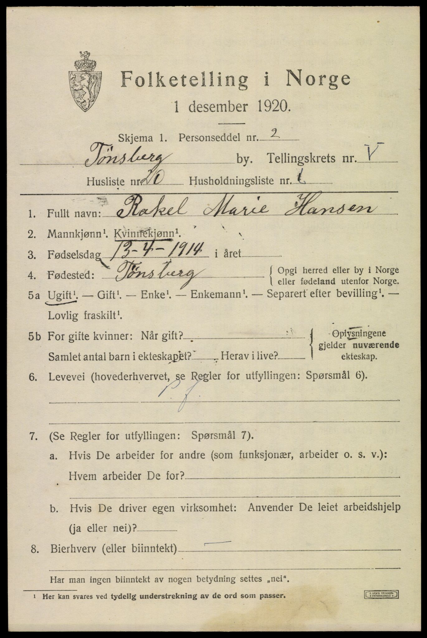 SAKO, 1920 census for Tønsberg, 1920, p. 13771