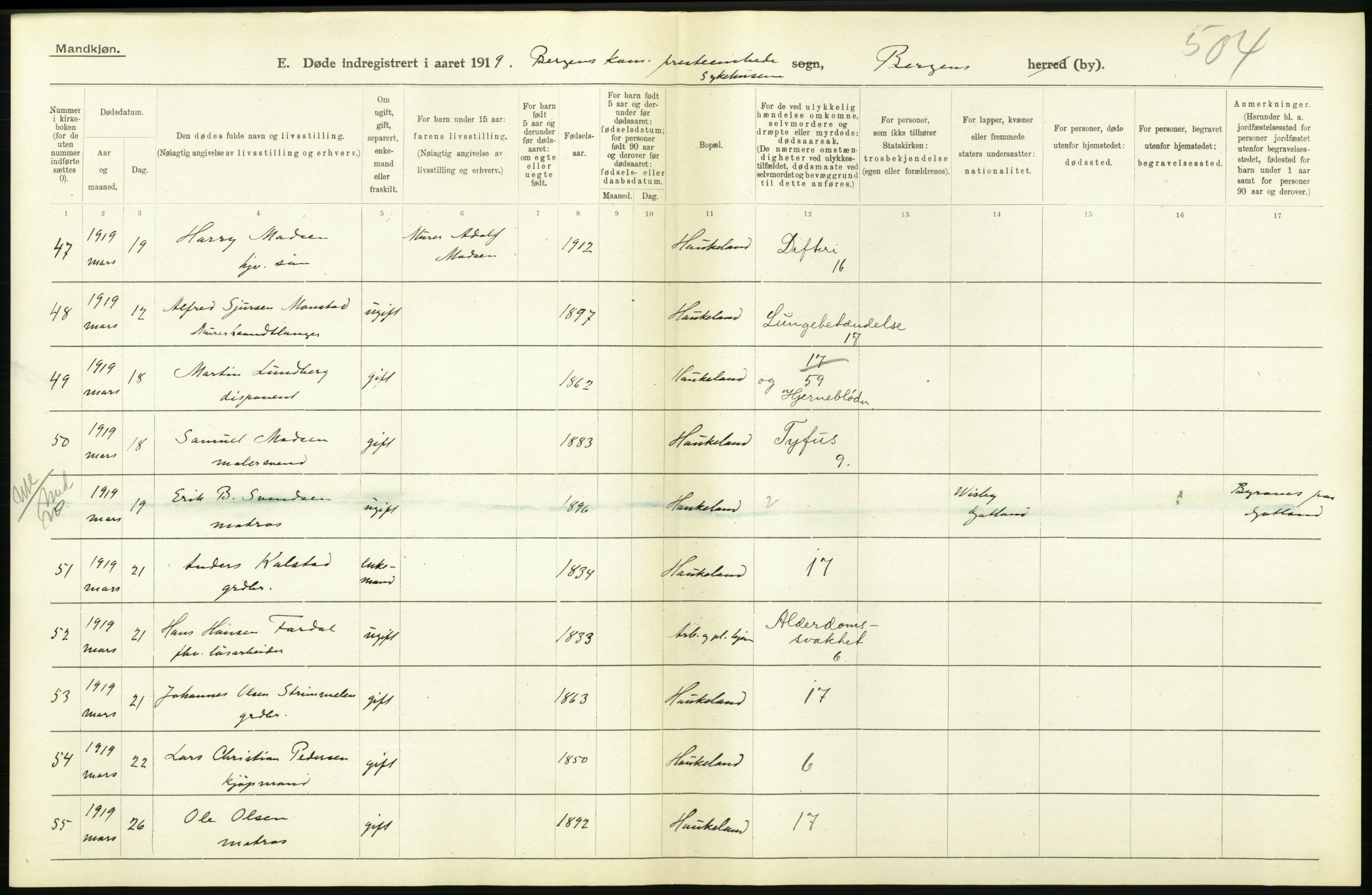 Statistisk sentralbyrå, Sosiodemografiske emner, Befolkning, AV/RA-S-2228/D/Df/Dfb/Dfbi/L0035: Bergen: Gifte, døde, dødfødte., 1919, p. 364