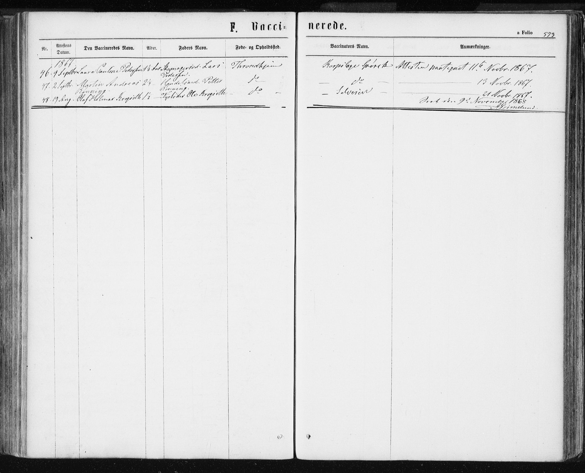 Ministerialprotokoller, klokkerbøker og fødselsregistre - Sør-Trøndelag, AV/SAT-A-1456/601/L0055: Parish register (official) no. 601A23, 1866-1877, p. 573