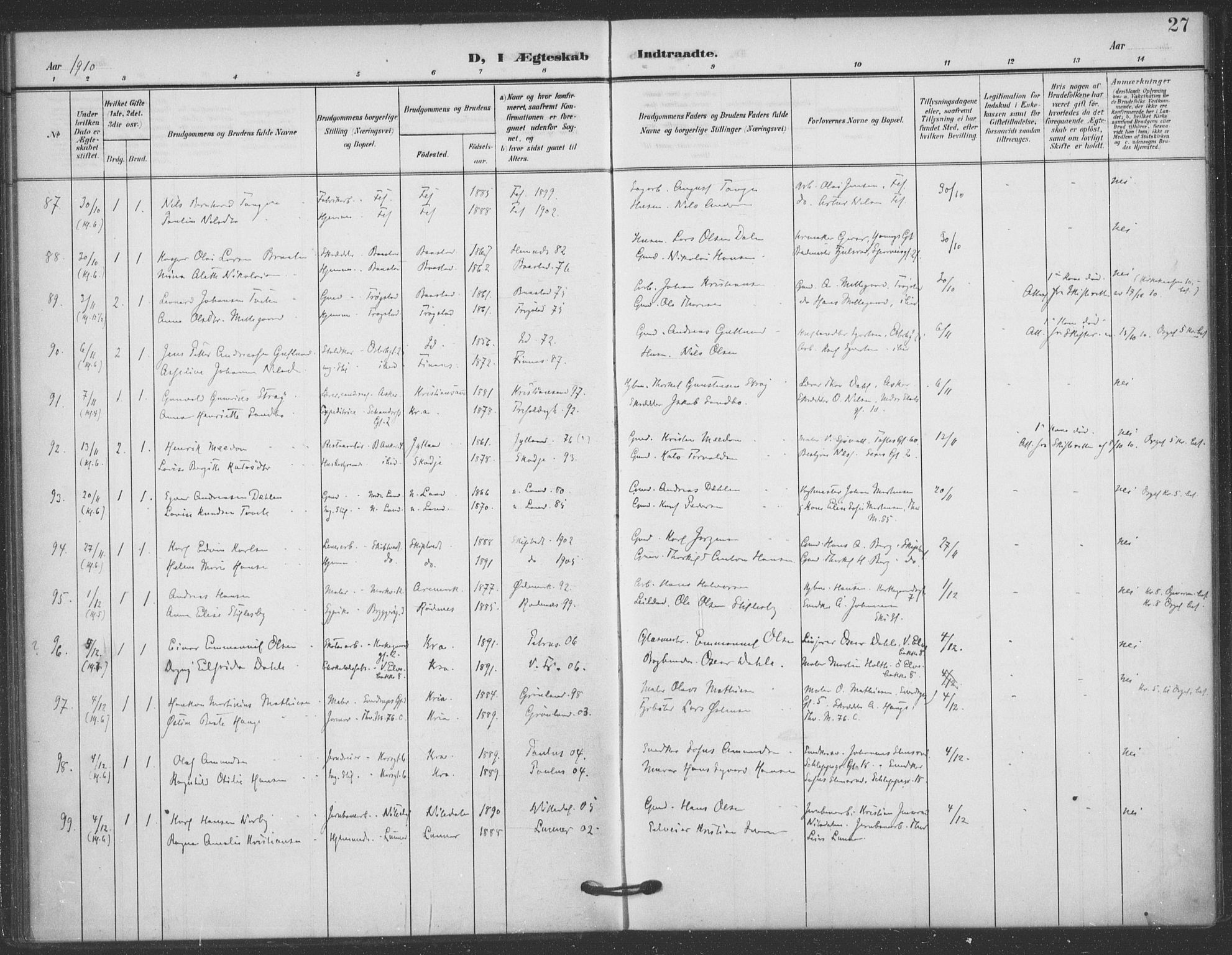 Jakob prestekontor Kirkebøker, AV/SAO-A-10850/F/Fa/L0010: Parish register (official) no. 10, 1908-1922, p. 27