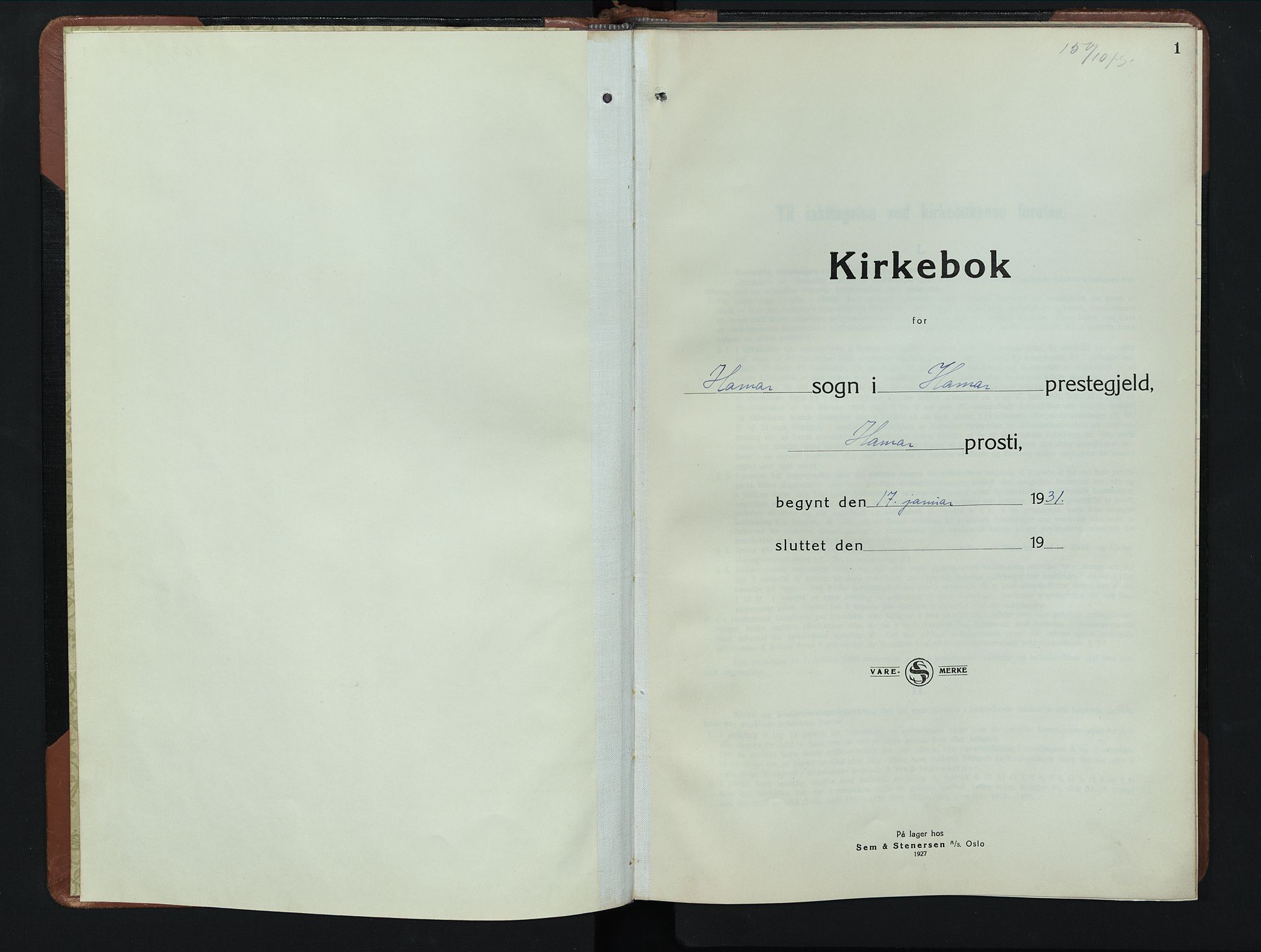 Hamar prestekontor, SAH/DOMPH-002/H/Ha/Hab/L0006: Parish register (copy) no. 6, 1931-1950, p. 1