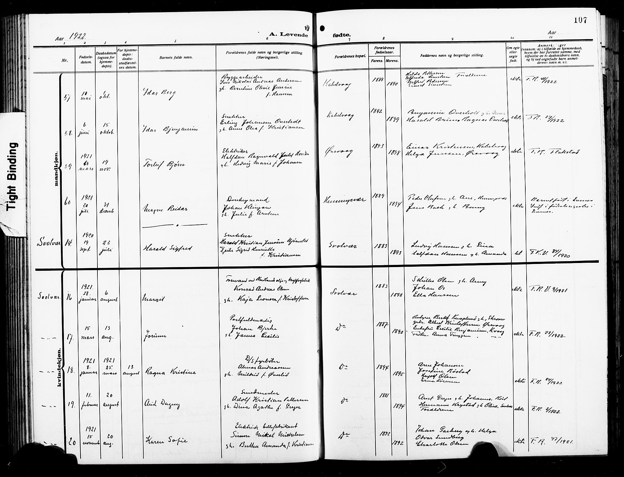 Ministerialprotokoller, klokkerbøker og fødselsregistre - Nordland, AV/SAT-A-1459/874/L1080: Parish register (copy) no. 874C09, 1915-1925, p. 107