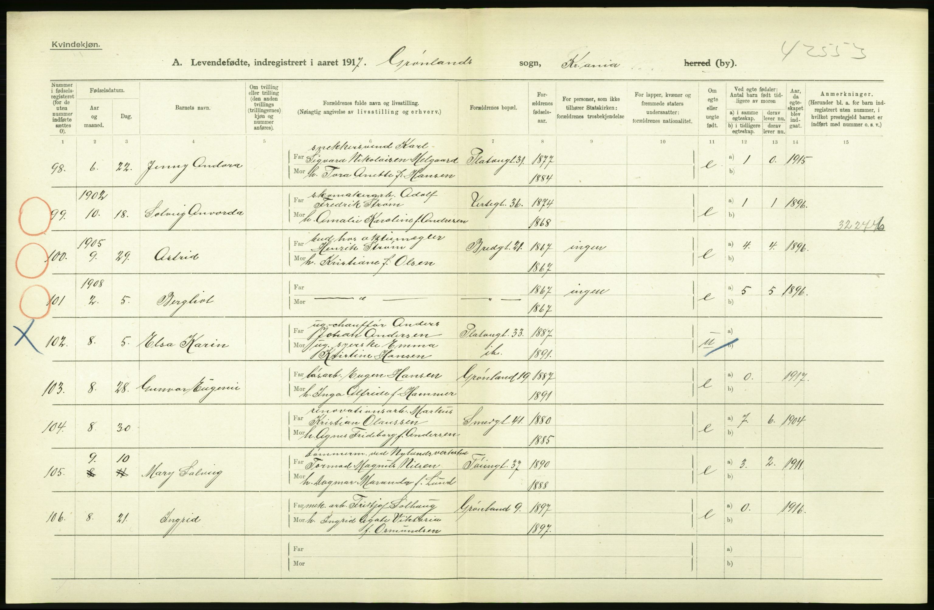 Statistisk sentralbyrå, Sosiodemografiske emner, Befolkning, AV/RA-S-2228/D/Df/Dfb/Dfbg/L0006: Kristiania: Levendefødte menn og kvinner., 1917, p. 54