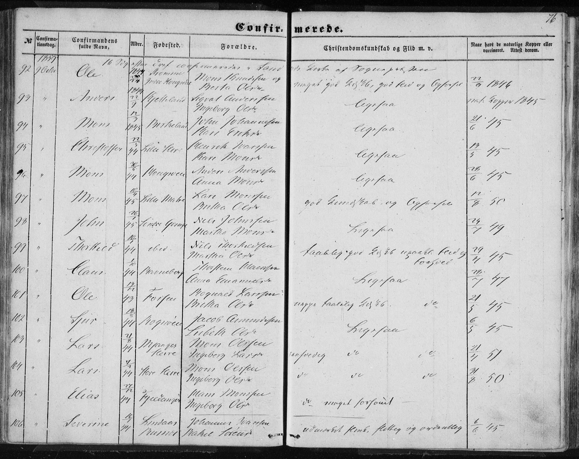 Lindås Sokneprestembete, AV/SAB-A-76701/H/Haa/Haaa/L0013: Parish register (official) no. A 13, 1848-1862, p. 76