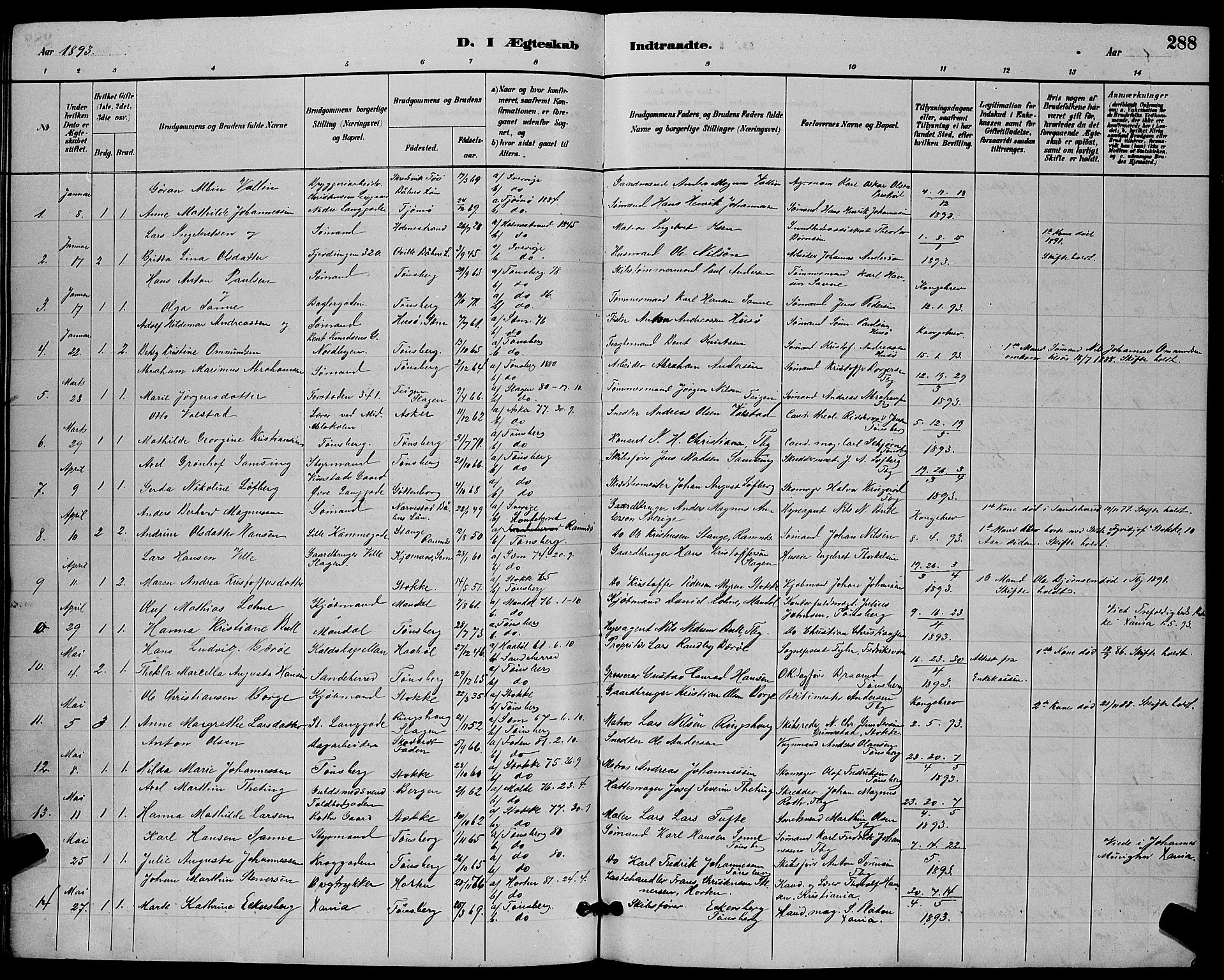 Tønsberg kirkebøker, AV/SAKO-A-330/G/Ga/L0006: Parish register (copy) no. 6, 1885-1895, p. 288