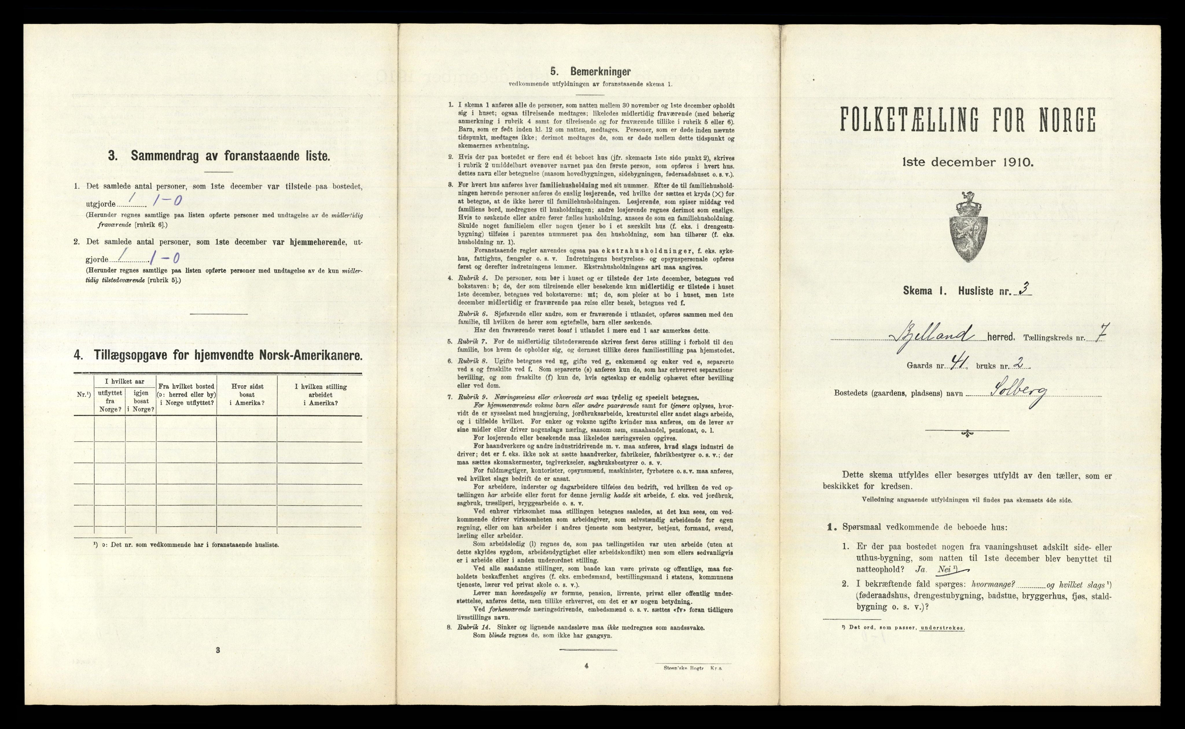 RA, 1910 census for Bjelland, 1910, p. 396