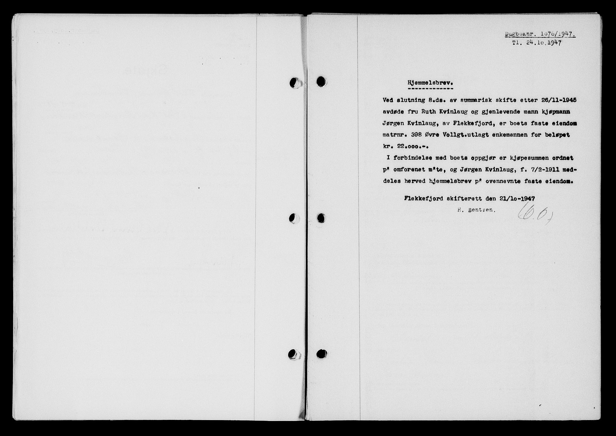 Flekkefjord sorenskriveri, AV/SAK-1221-0001/G/Gb/Gba/L0063: Mortgage book no. A-11, 1947-1948, Diary no: : 1076/1947