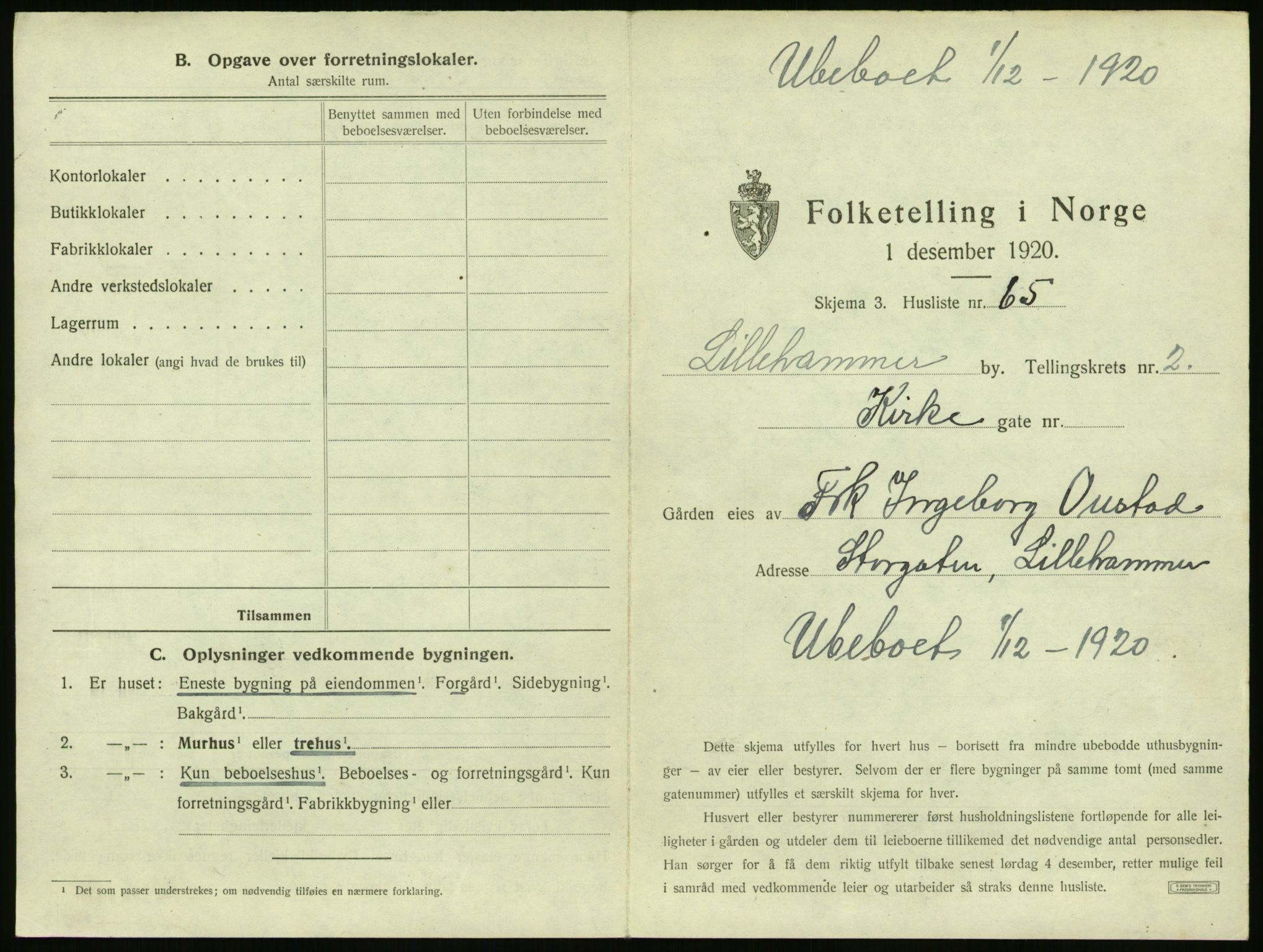 SAH, 1920 census for Lillehammer, 1920, p. 296