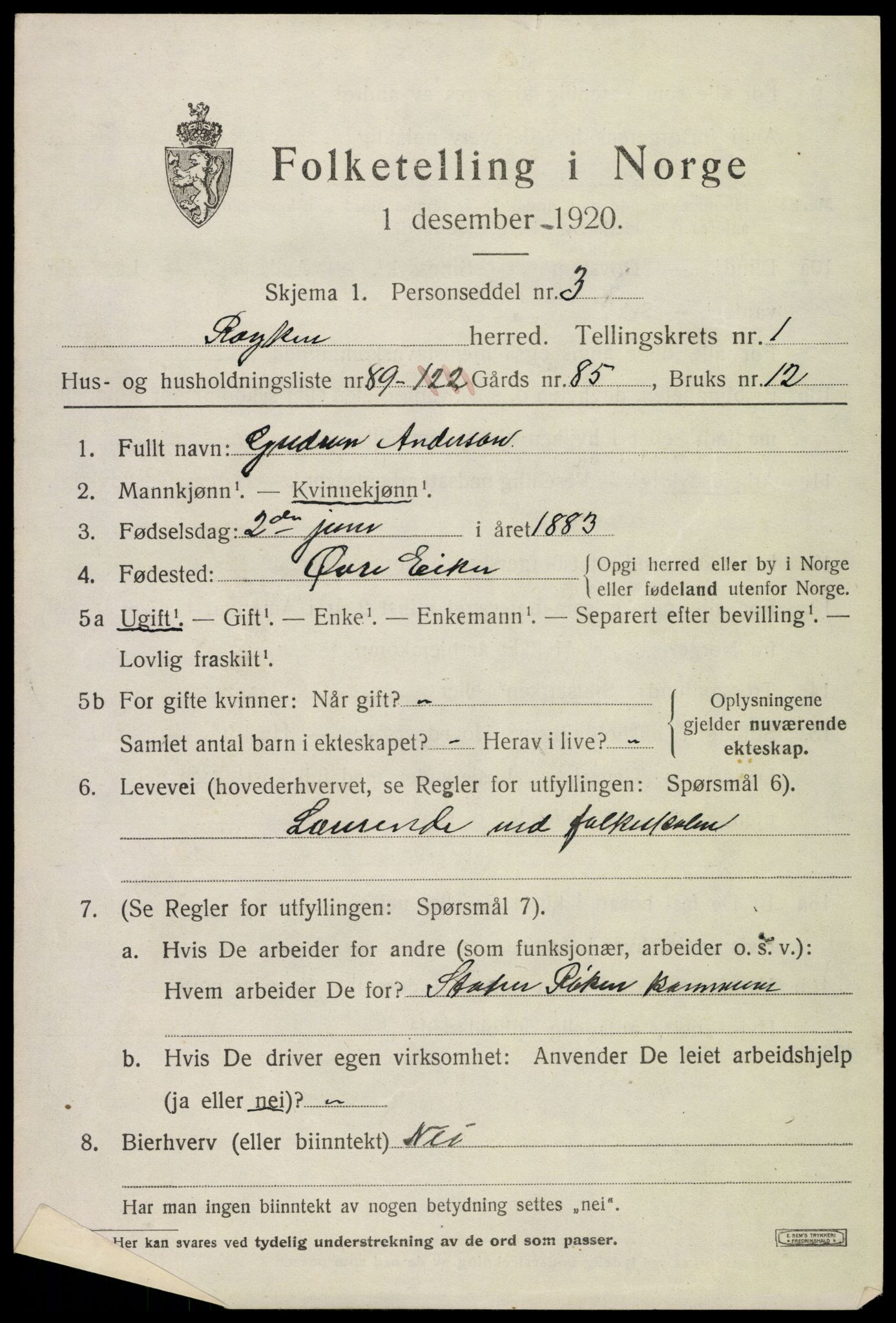 SAKO, 1920 census for Røyken, 1920, p. 2878