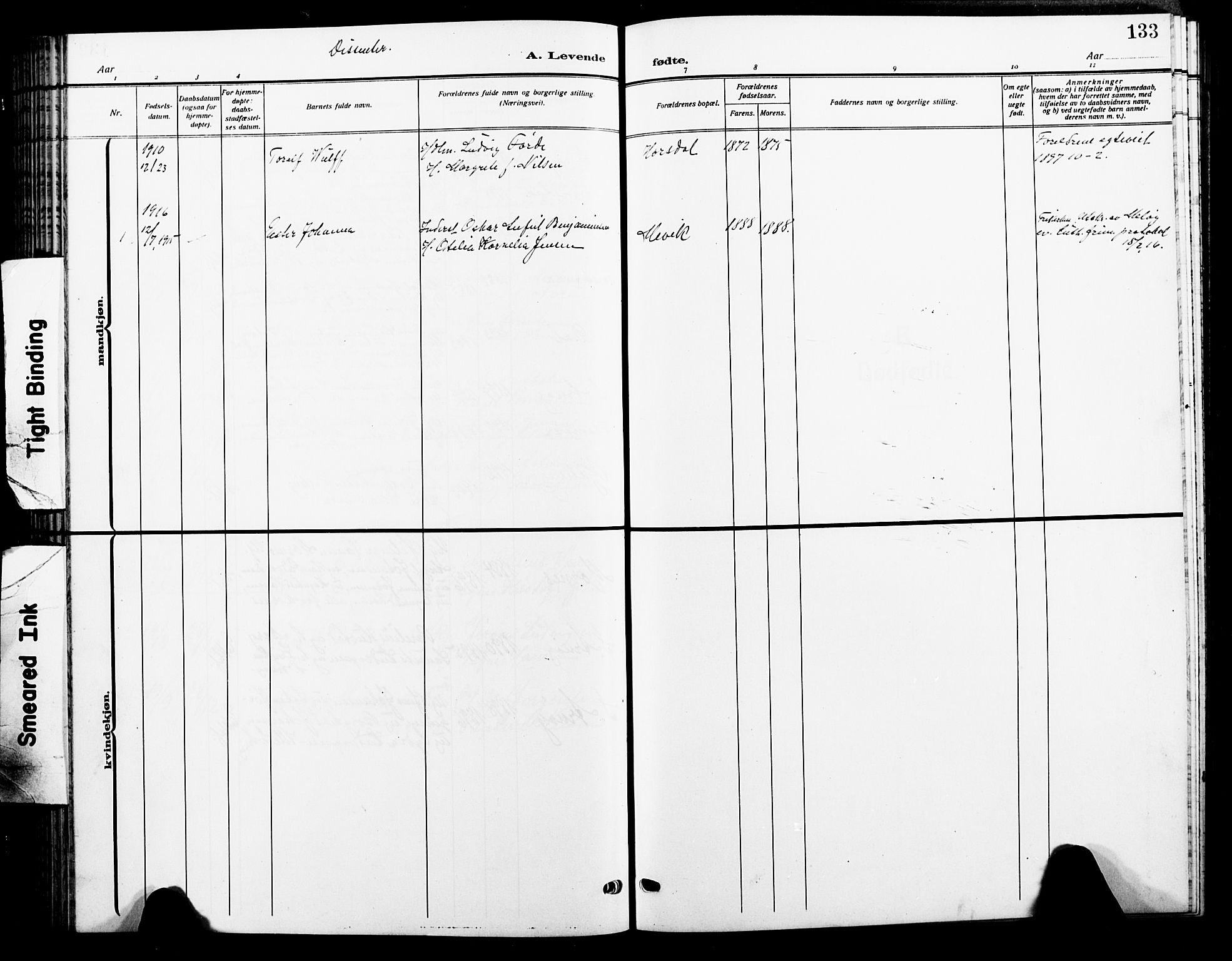 Ministerialprotokoller, klokkerbøker og fødselsregistre - Nordland, SAT/A-1459/805/L0110: Parish register (copy) no. 805C06, 1909-1924, p. 133