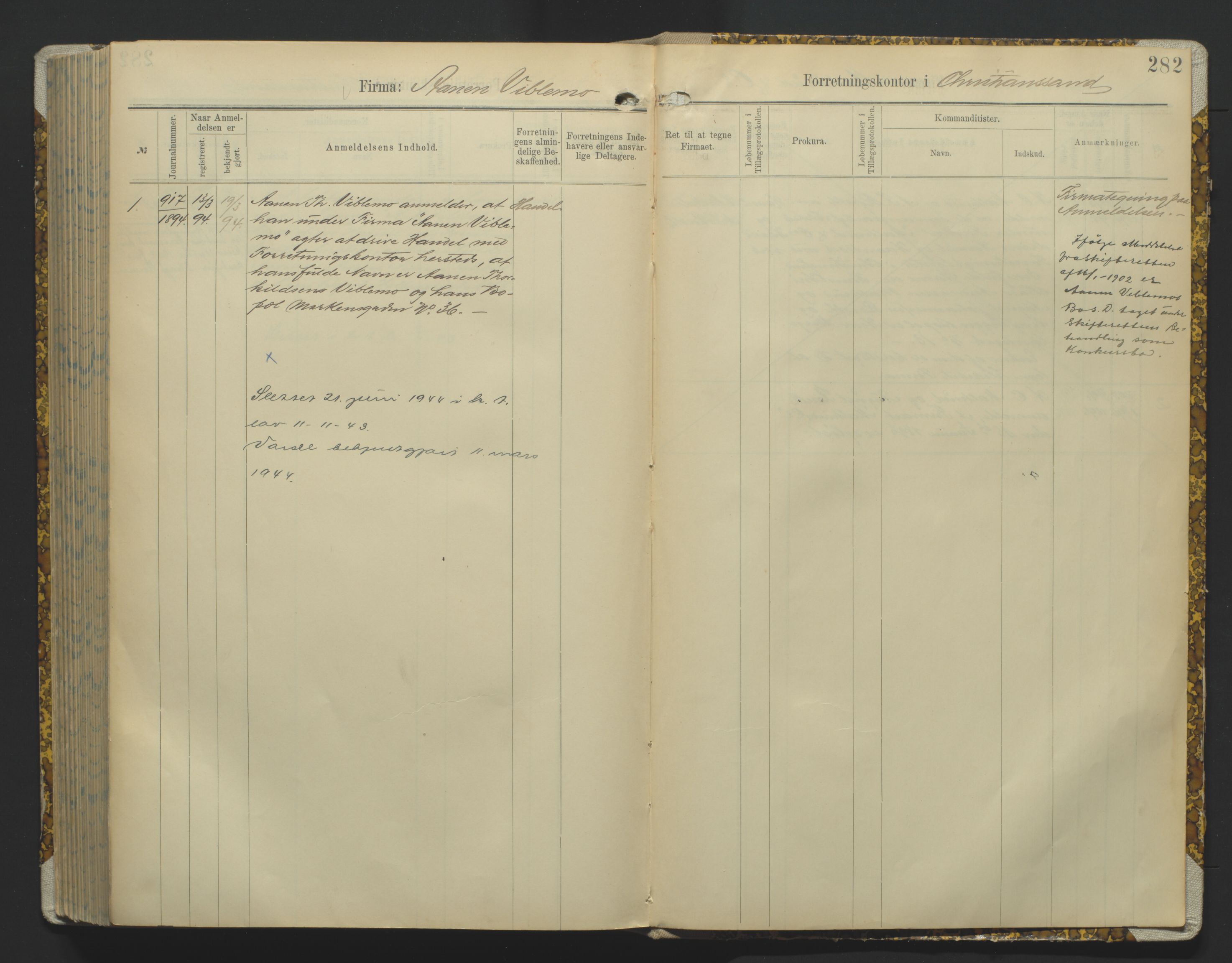 Kristiansand byrett, AV/SAK-1223-0001/K/Kb/L0002: Handelsregister A I, 1891-1894, p. 282