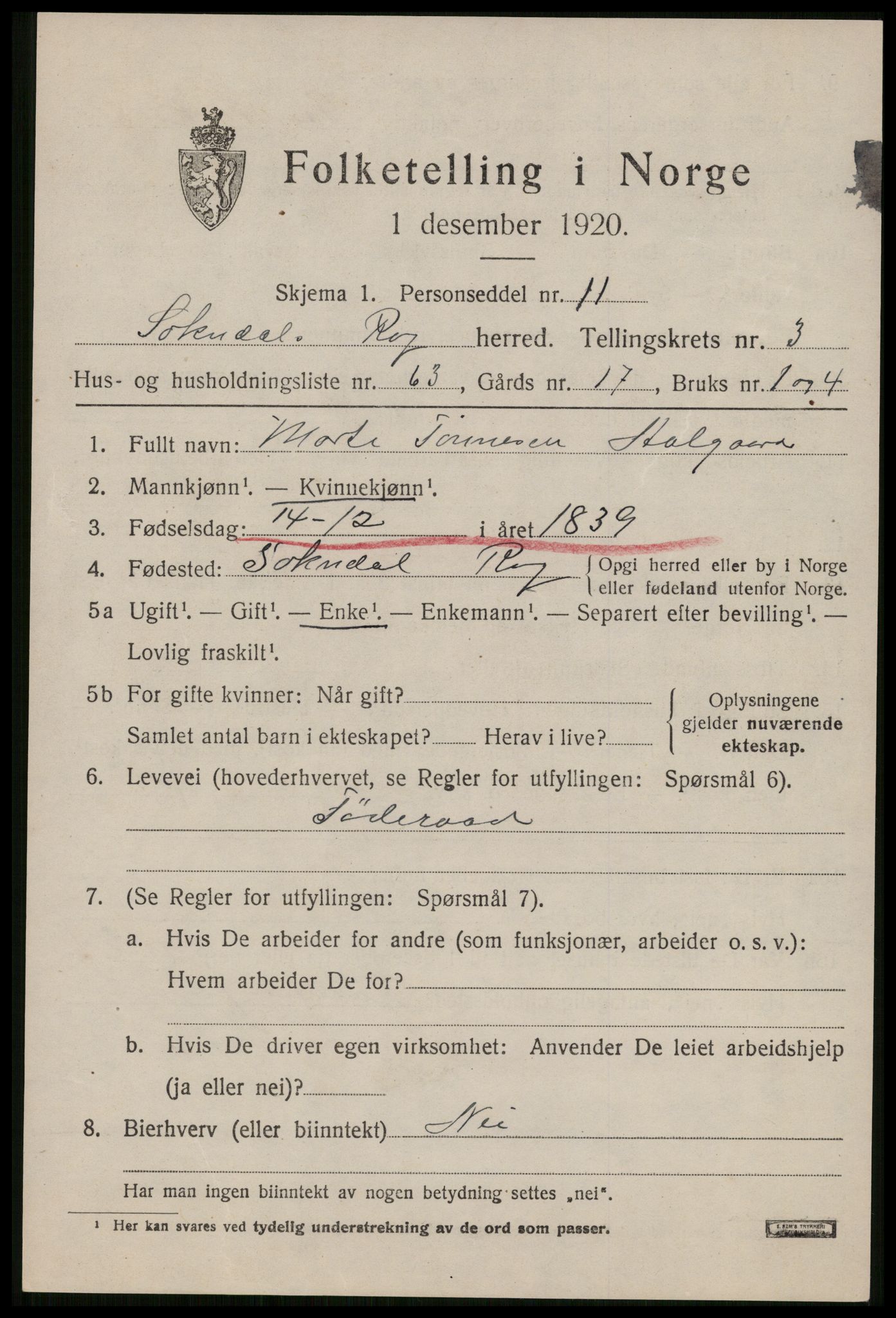 SAST, 1920 census for Sokndal, 1920, p. 2845