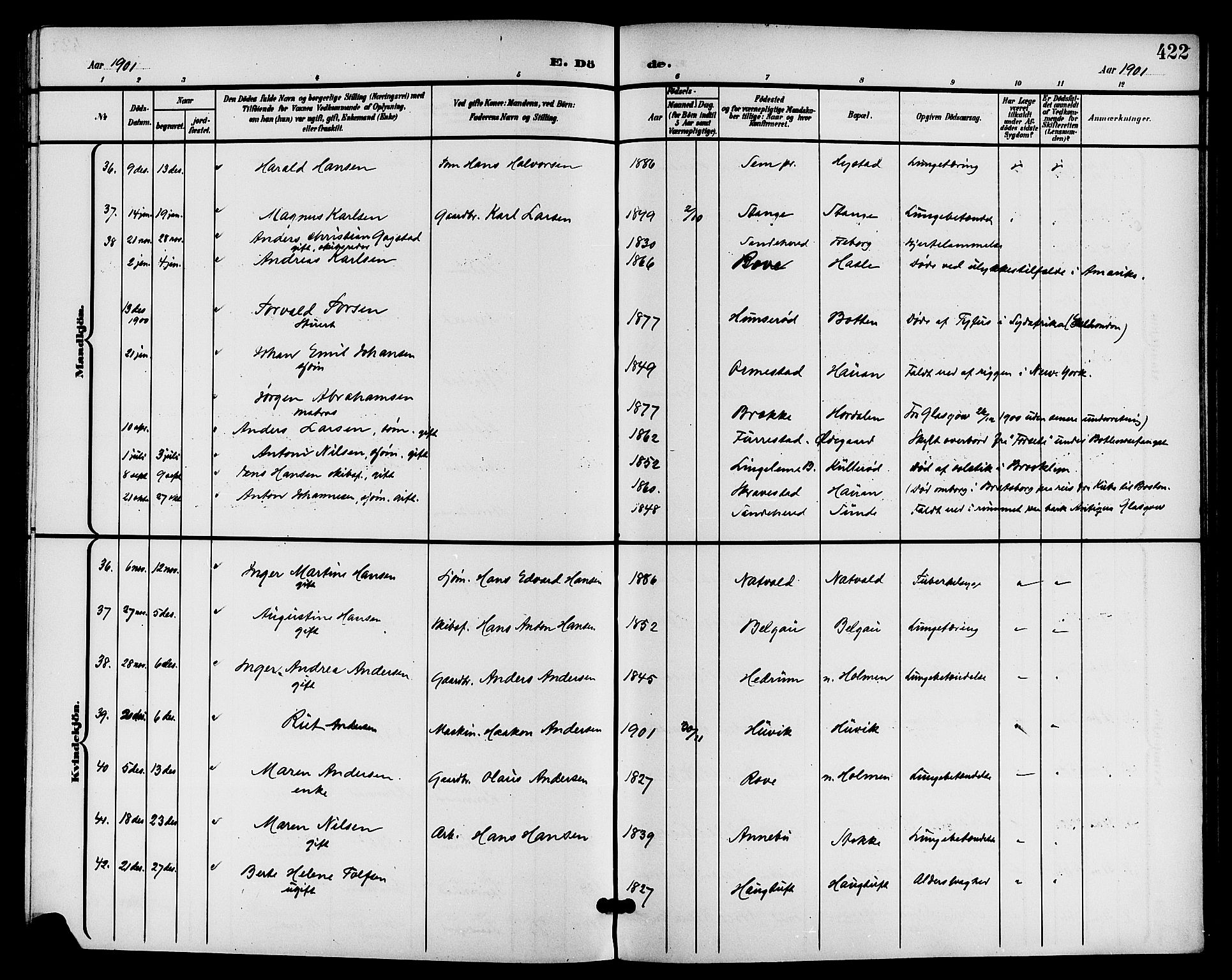 Sandar kirkebøker, AV/SAKO-A-243/G/Ga/L0002: Parish register (copy) no. 2, 1900-1915, p. 422