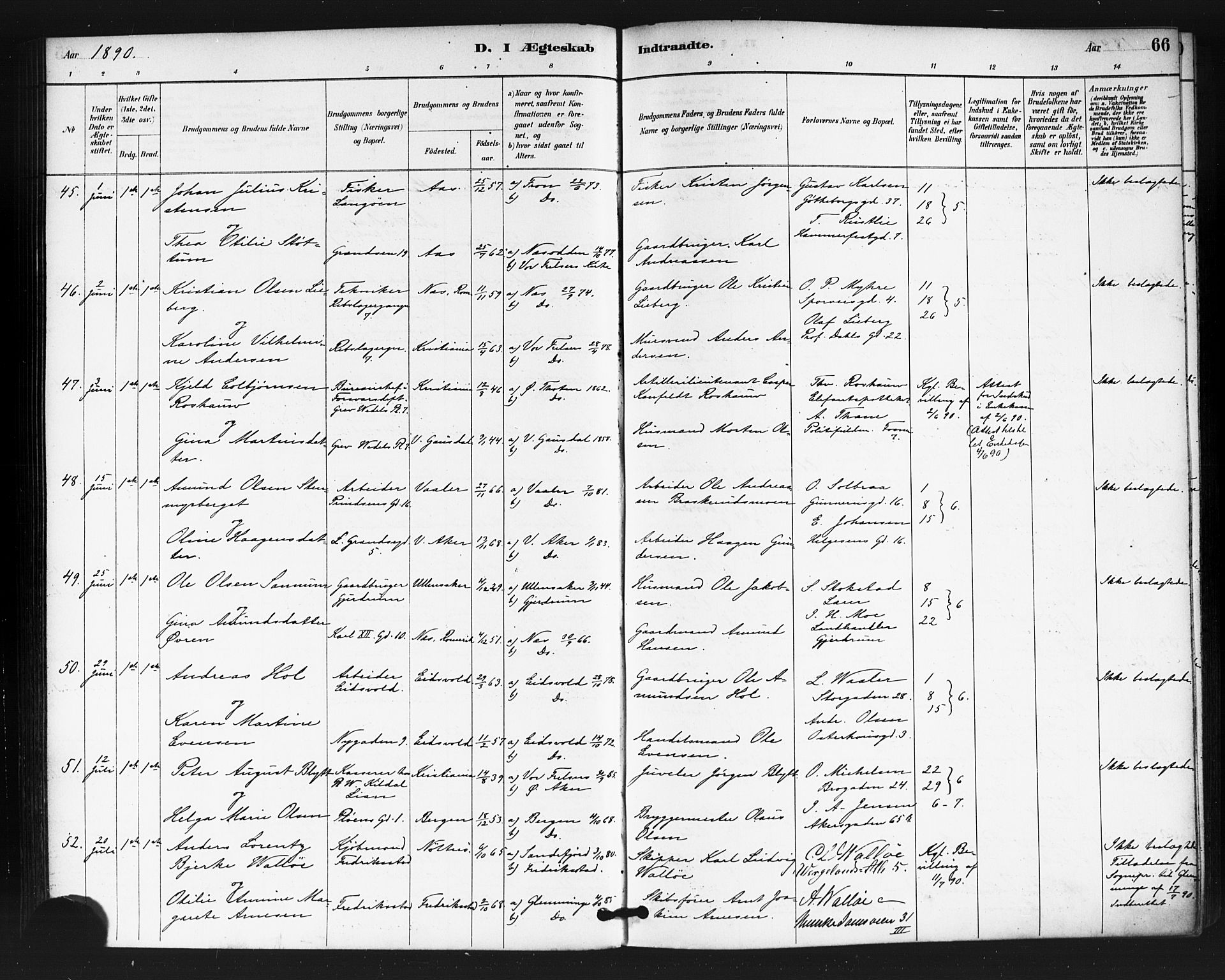 Oslo domkirke Kirkebøker, AV/SAO-A-10752/F/Fa/L0032: Parish register (official) no. 32, 1885-1902, p. 66