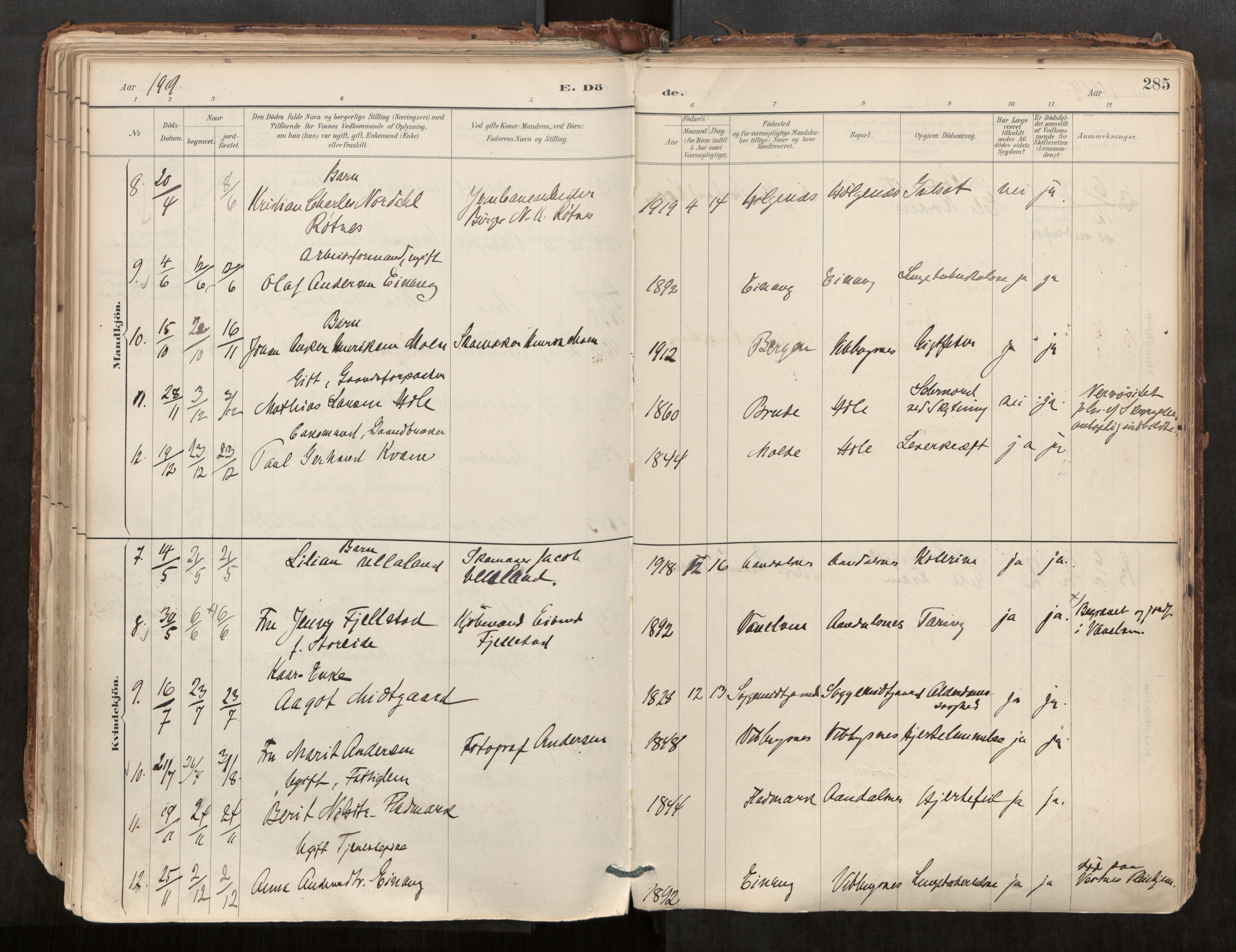 Ministerialprotokoller, klokkerbøker og fødselsregistre - Møre og Romsdal, AV/SAT-A-1454/544/L0585: Parish register (official) no. 544A06, 1887-1924, p. 285