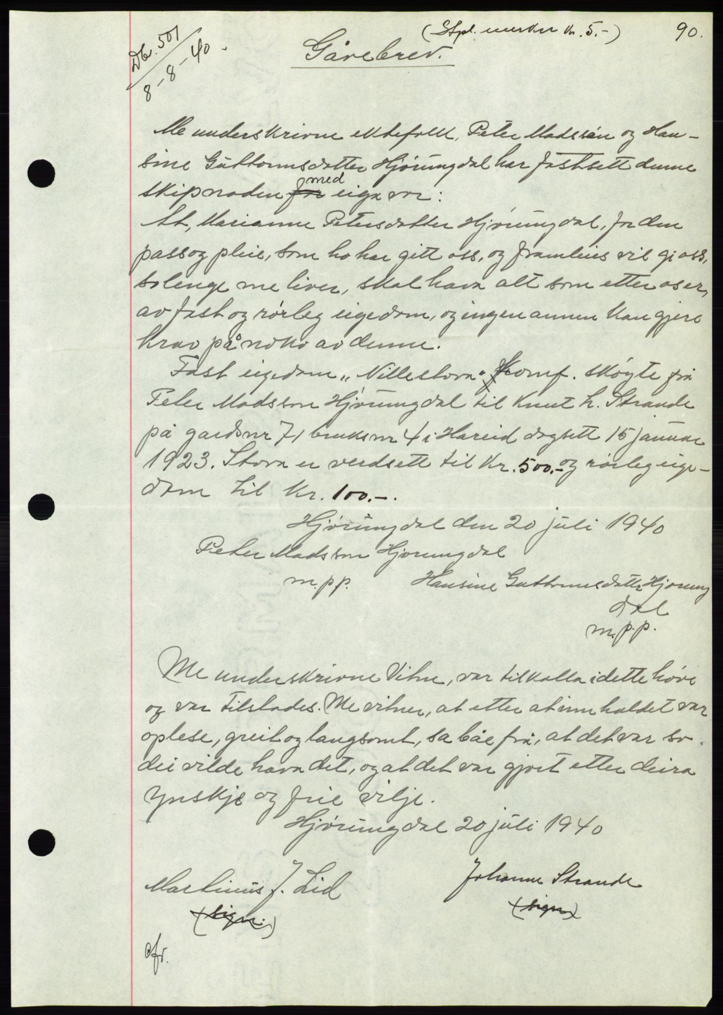 Søre Sunnmøre sorenskriveri, AV/SAT-A-4122/1/2/2C/L0070: Mortgage book no. 64, 1940-1941, Diary no: : 501/1940