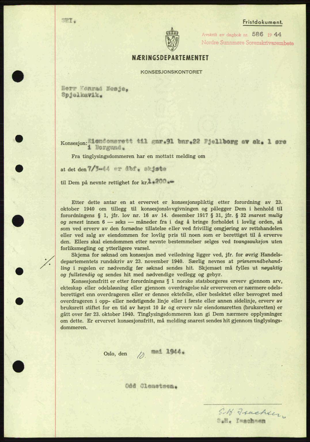 Nordre Sunnmøre sorenskriveri, SAT/A-0006/1/2/2C/2Ca: Mortgage book no. B6-14 a, 1942-1945, Diary no: : 586/1944