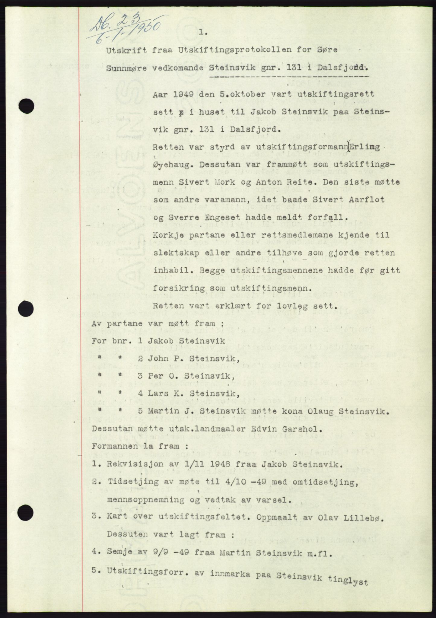 Søre Sunnmøre sorenskriveri, AV/SAT-A-4122/1/2/2C/L0086: Mortgage book no. 12A, 1949-1950, Diary no: : 23/1950