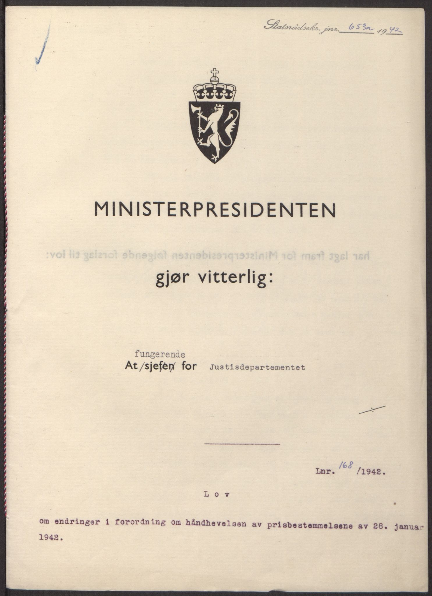 NS-administrasjonen 1940-1945 (Statsrådsekretariatet, de kommisariske statsråder mm), AV/RA-S-4279/D/Db/L0098: Lover II, 1942, p. 261