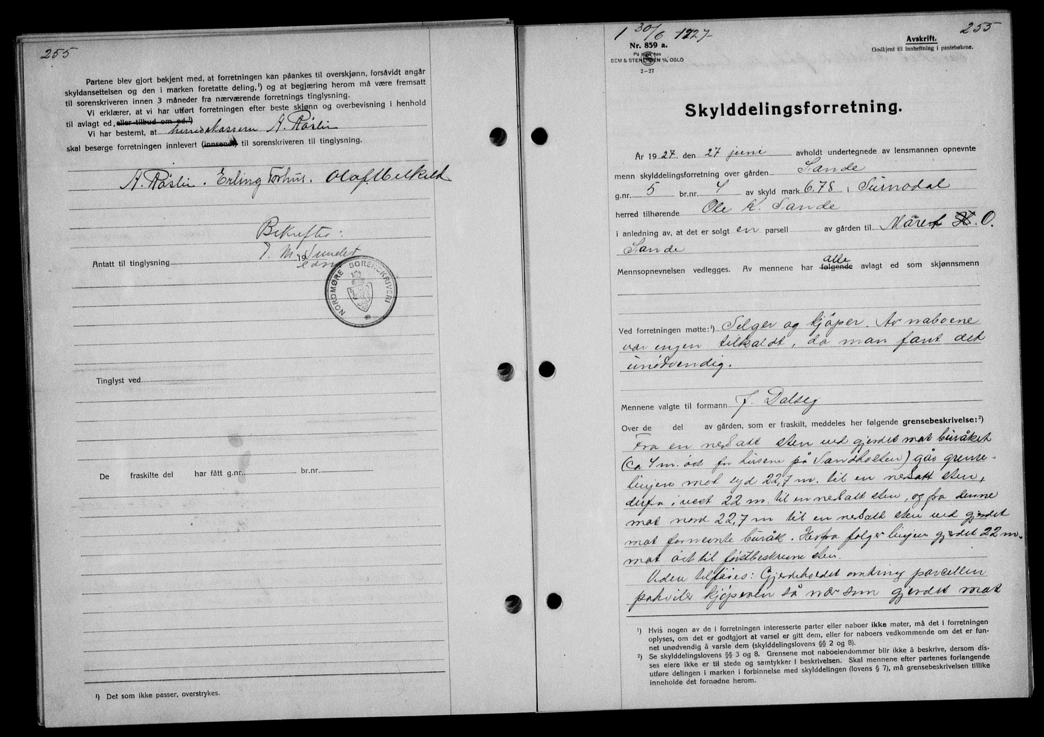 Nordmøre sorenskriveri, AV/SAT-A-4132/1/2/2Ca/L0062: Mortgage book no. 52, 1927-1927, Deed date: 30.06.1927