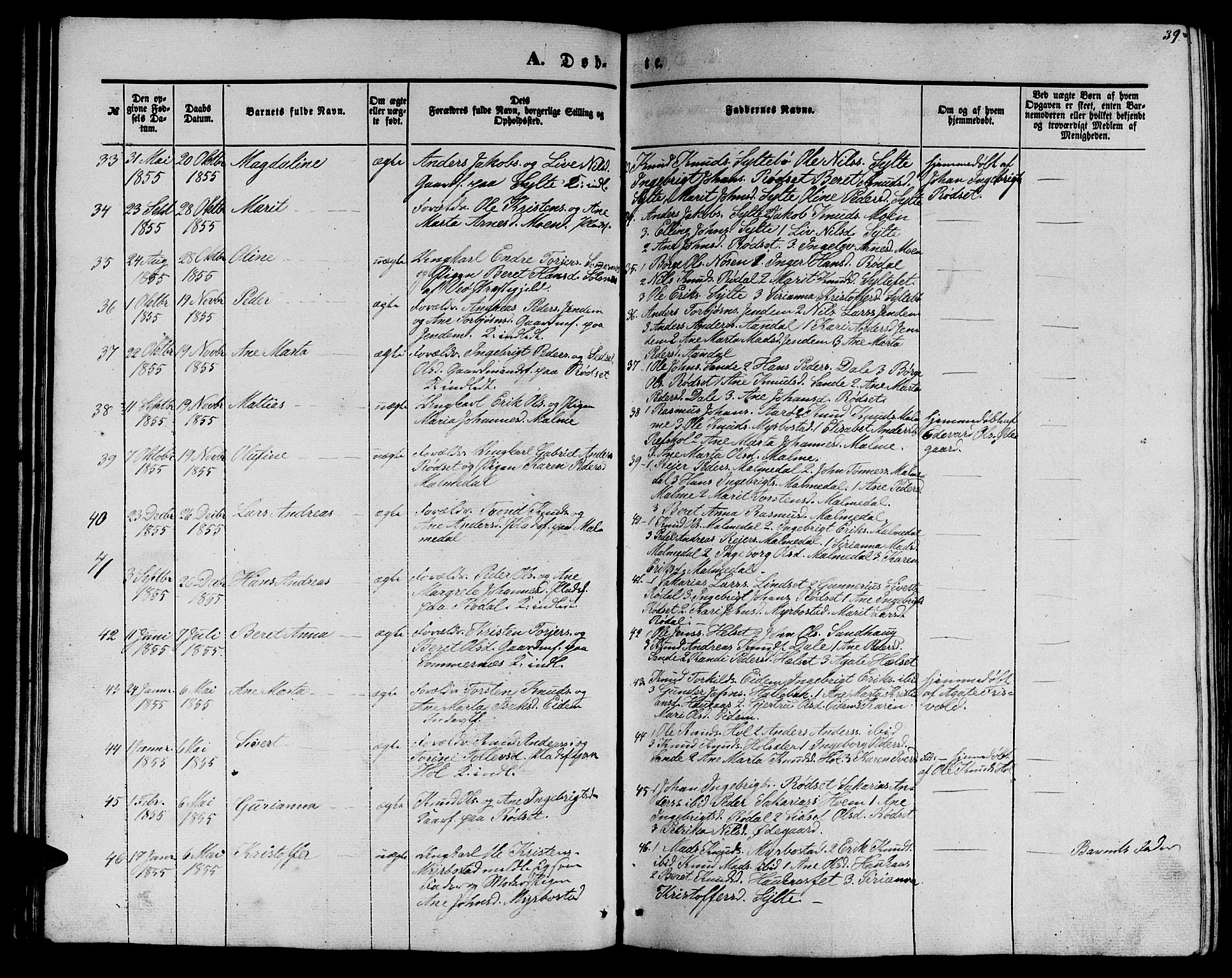 Ministerialprotokoller, klokkerbøker og fødselsregistre - Møre og Romsdal, AV/SAT-A-1454/565/L0753: Parish register (copy) no. 565C02, 1845-1870, p. 39