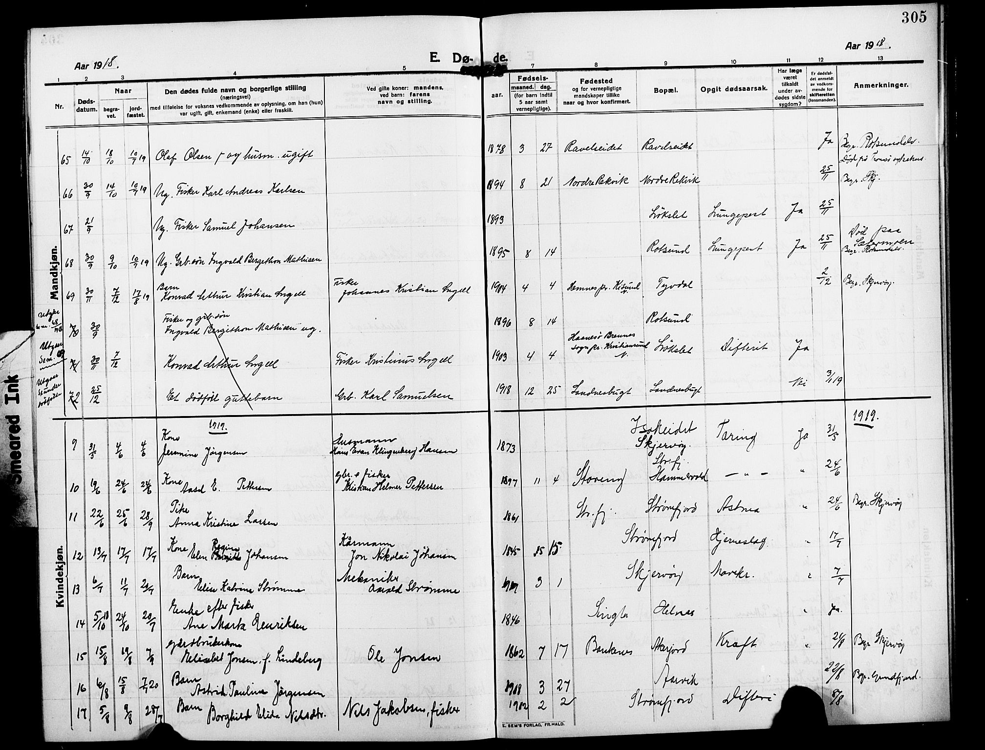 Skjervøy sokneprestkontor, AV/SATØ-S-1300/H/Ha/Hab/L0009klokker: Parish register (copy) no. 9, 1911-1926, p. 305