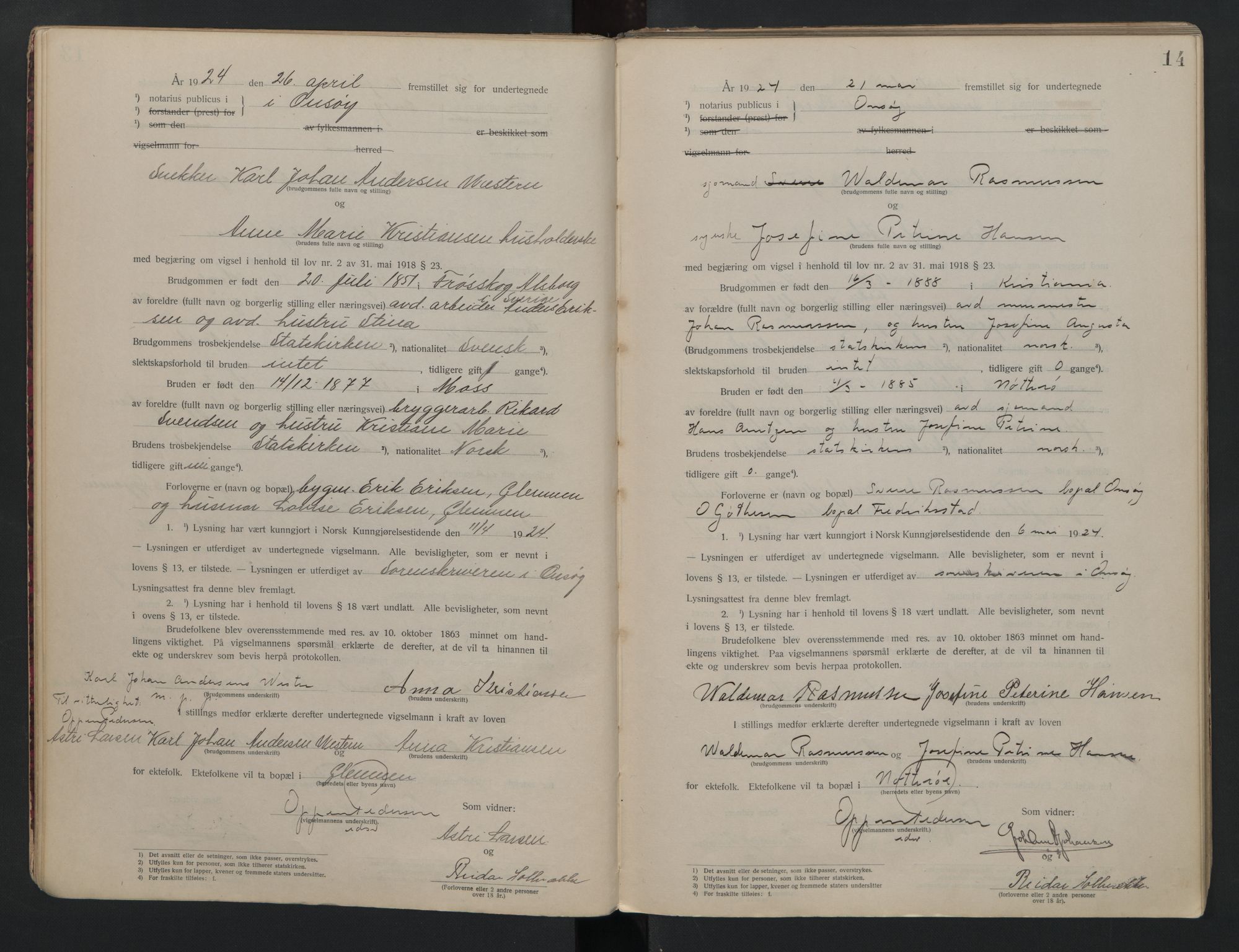 Onsøy sorenskriveri, AV/SAO-A-10474/L/La/L0001: Vigselsbok, 1920-1942, p. 14