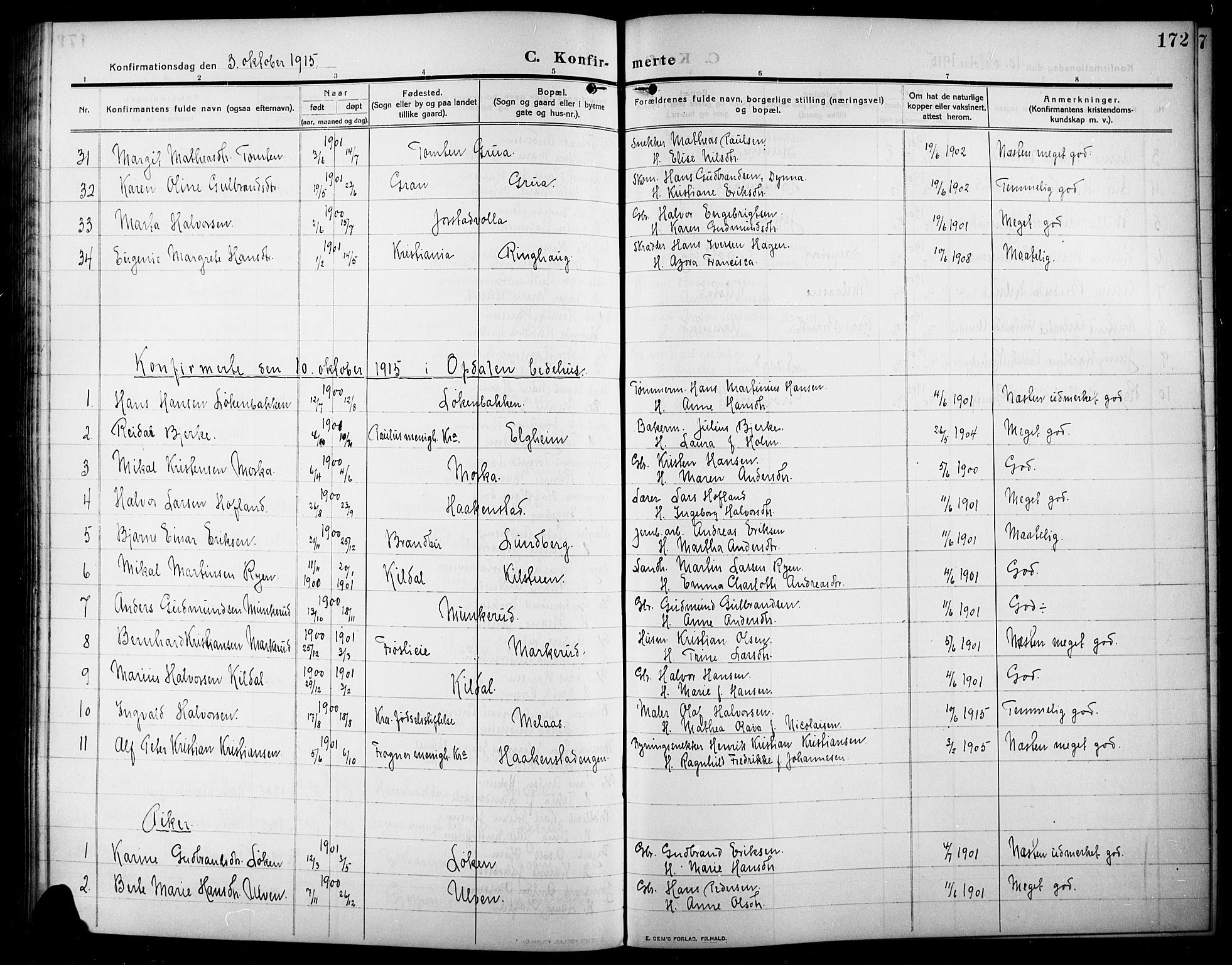 Lunner prestekontor, AV/SAH-PREST-118/H/Ha/Hab/L0001: Parish register (copy) no. 1, 1909-1922, p. 172