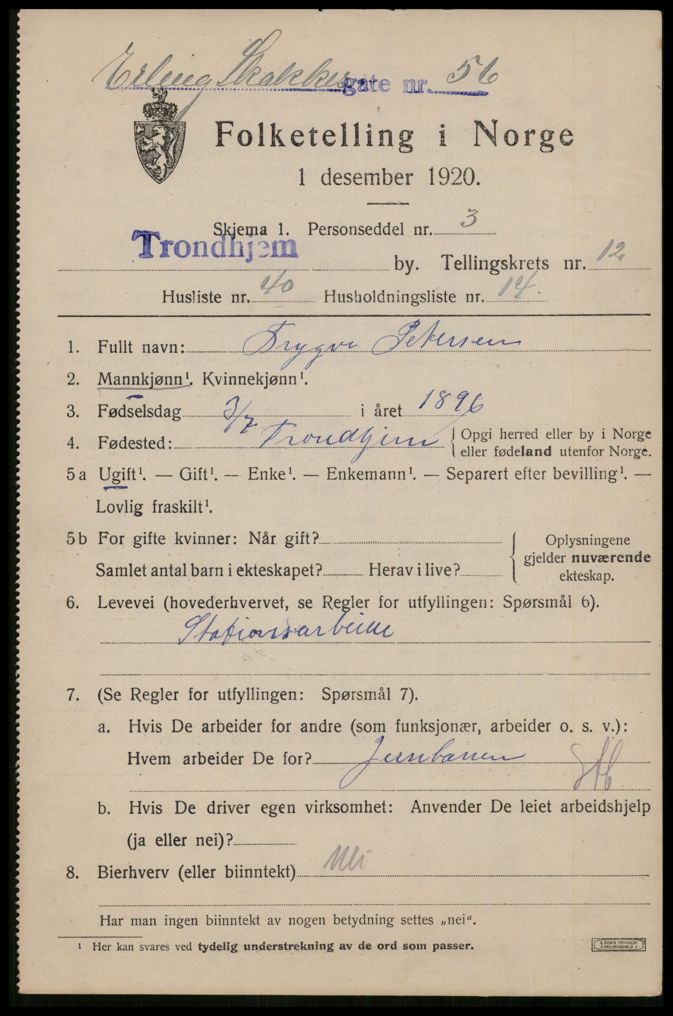 SAT, 1920 census for Trondheim, 1920, p. 49398