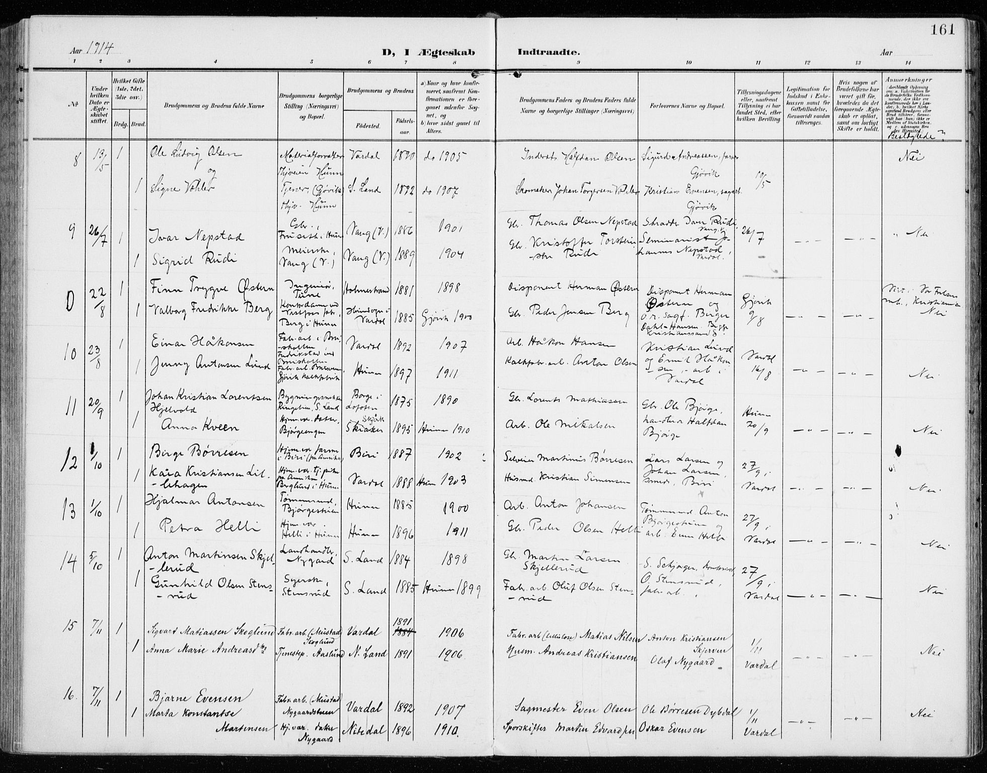 Vardal prestekontor, SAH/PREST-100/H/Ha/Haa/L0016: Parish register (official) no. 16, 1904-1916, p. 161