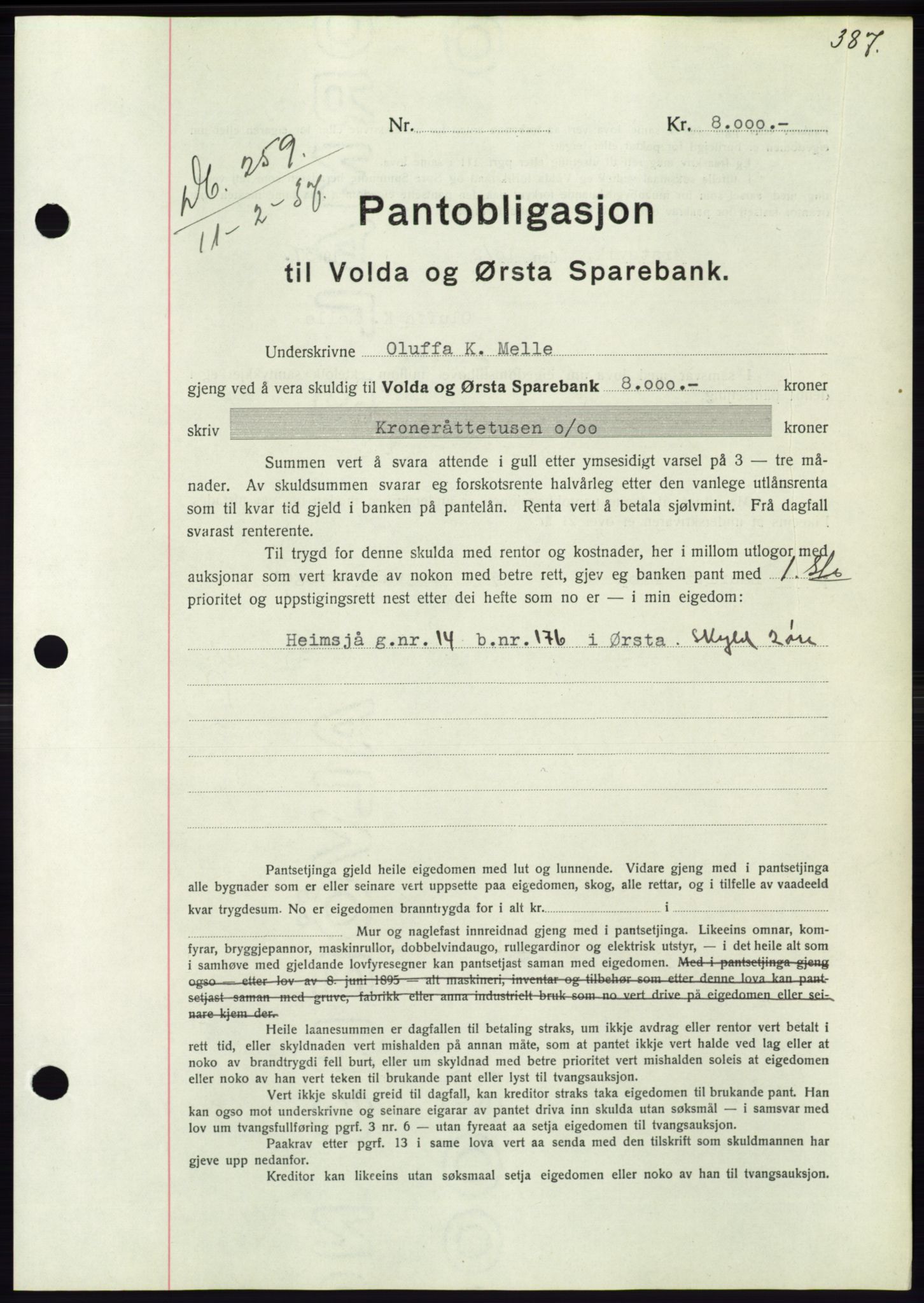 Søre Sunnmøre sorenskriveri, SAT/A-4122/1/2/2C/L0062: Mortgage book no. 56, 1936-1937, Diary no: : 259/1937