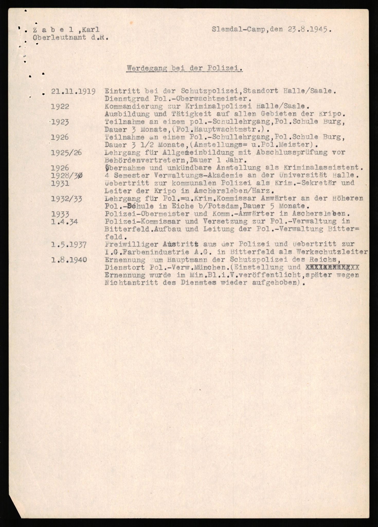 Forsvaret, Forsvarets overkommando II, AV/RA-RAFA-3915/D/Db/L0037: CI Questionaires. Tyske okkupasjonsstyrker i Norge. Tyskere., 1945-1946, p. 12