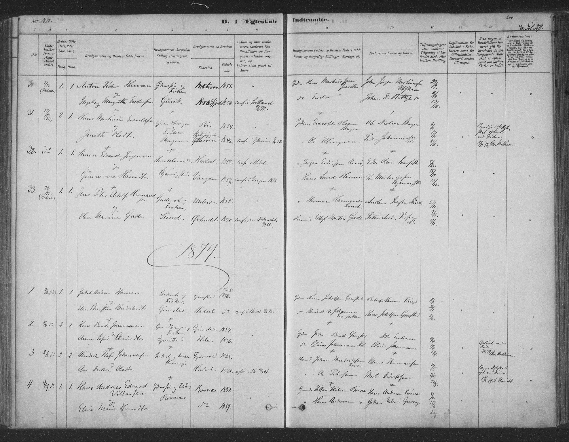 Ministerialprotokoller, klokkerbøker og fødselsregistre - Nordland, AV/SAT-A-1459/891/L1302: Parish register (official) no. 891A07, 1878-1895, p. 271