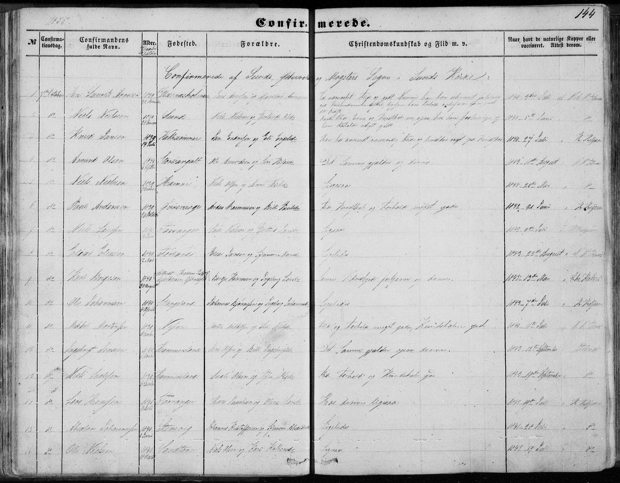 Sund sokneprestembete, AV/SAB-A-99930: Parish register (official) no. A 14, 1850-1866, p. 144