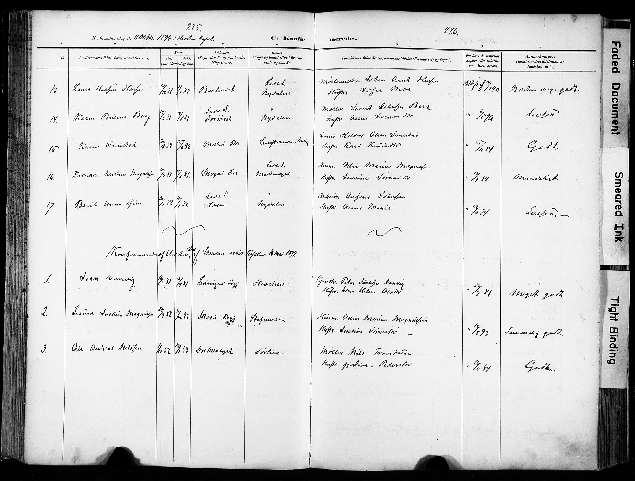 Ministerialprotokoller, klokkerbøker og fødselsregistre - Sør-Trøndelag, AV/SAT-A-1456/606/L0301: Parish register (official) no. 606A16, 1894-1907, p. 285-286