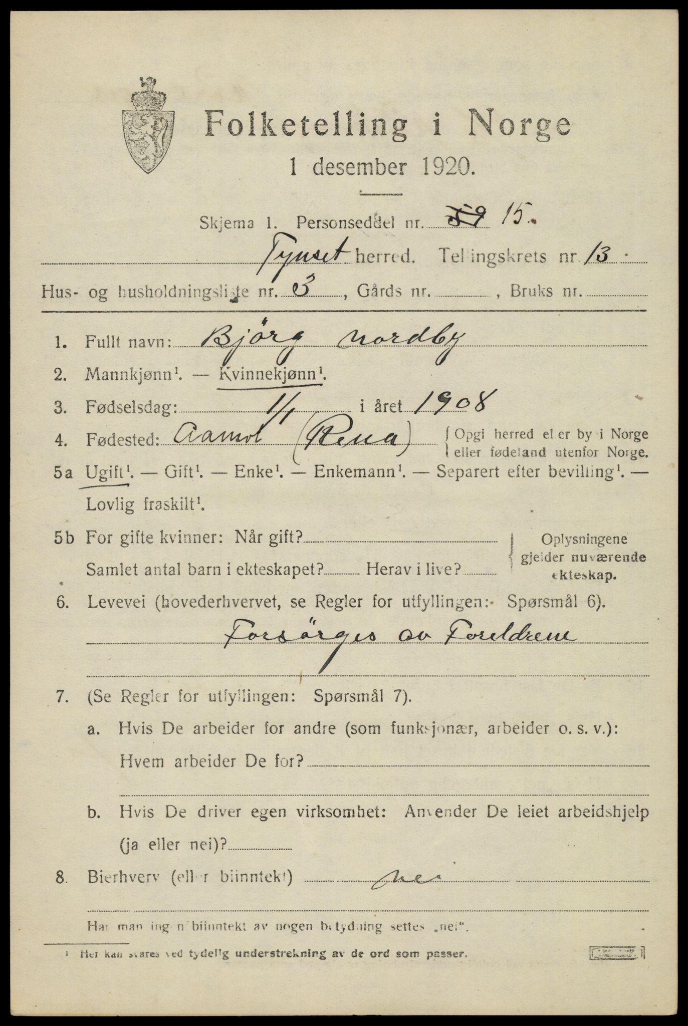 SAH, 1920 census for Tynset, 1920, p. 8616