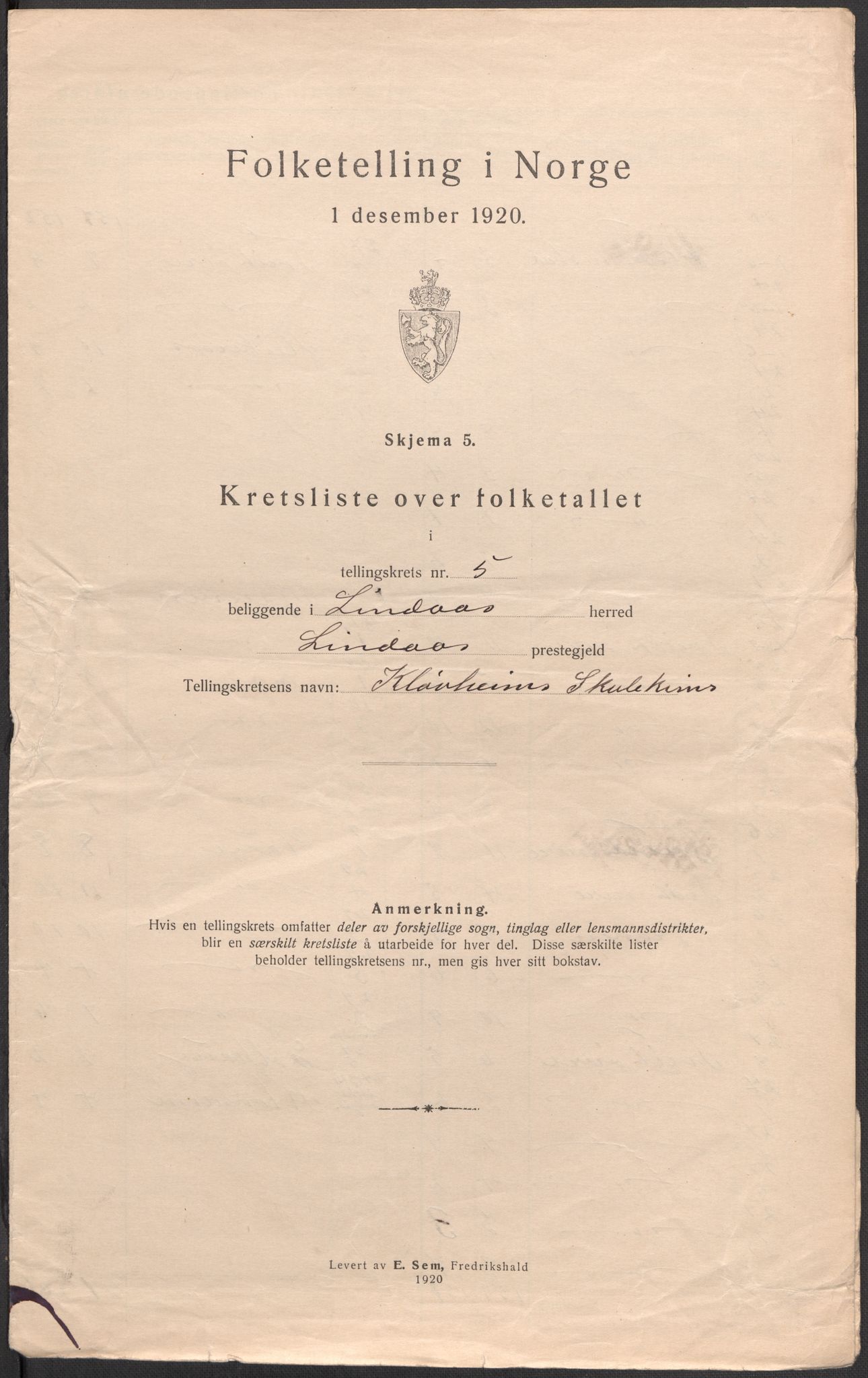 SAB, 1920 census for Lindås, 1920, p. 17