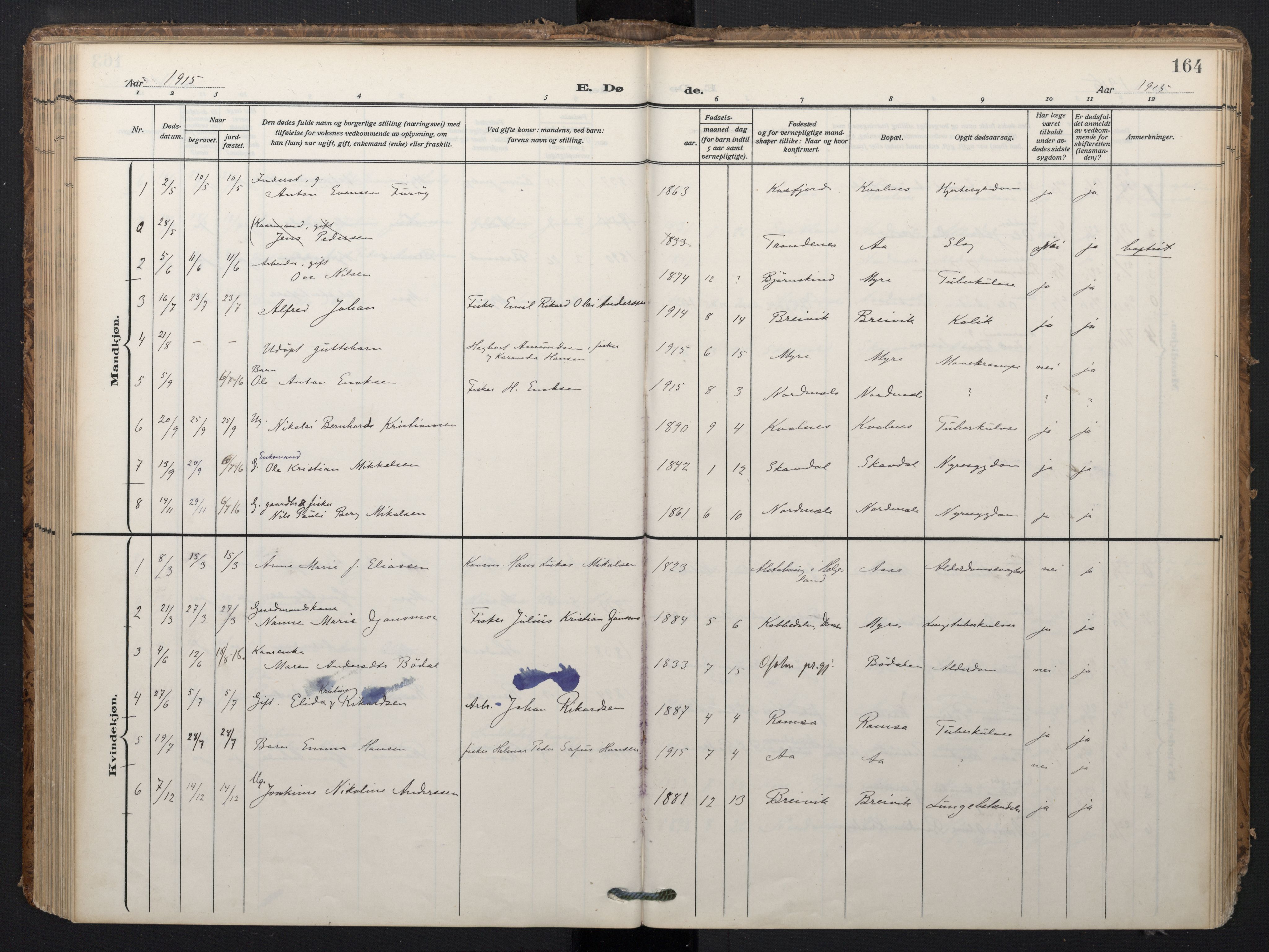 Ministerialprotokoller, klokkerbøker og fødselsregistre - Nordland, SAT/A-1459/897/L1401: Parish register (official) no. 897A08, 1909-1921, p. 164