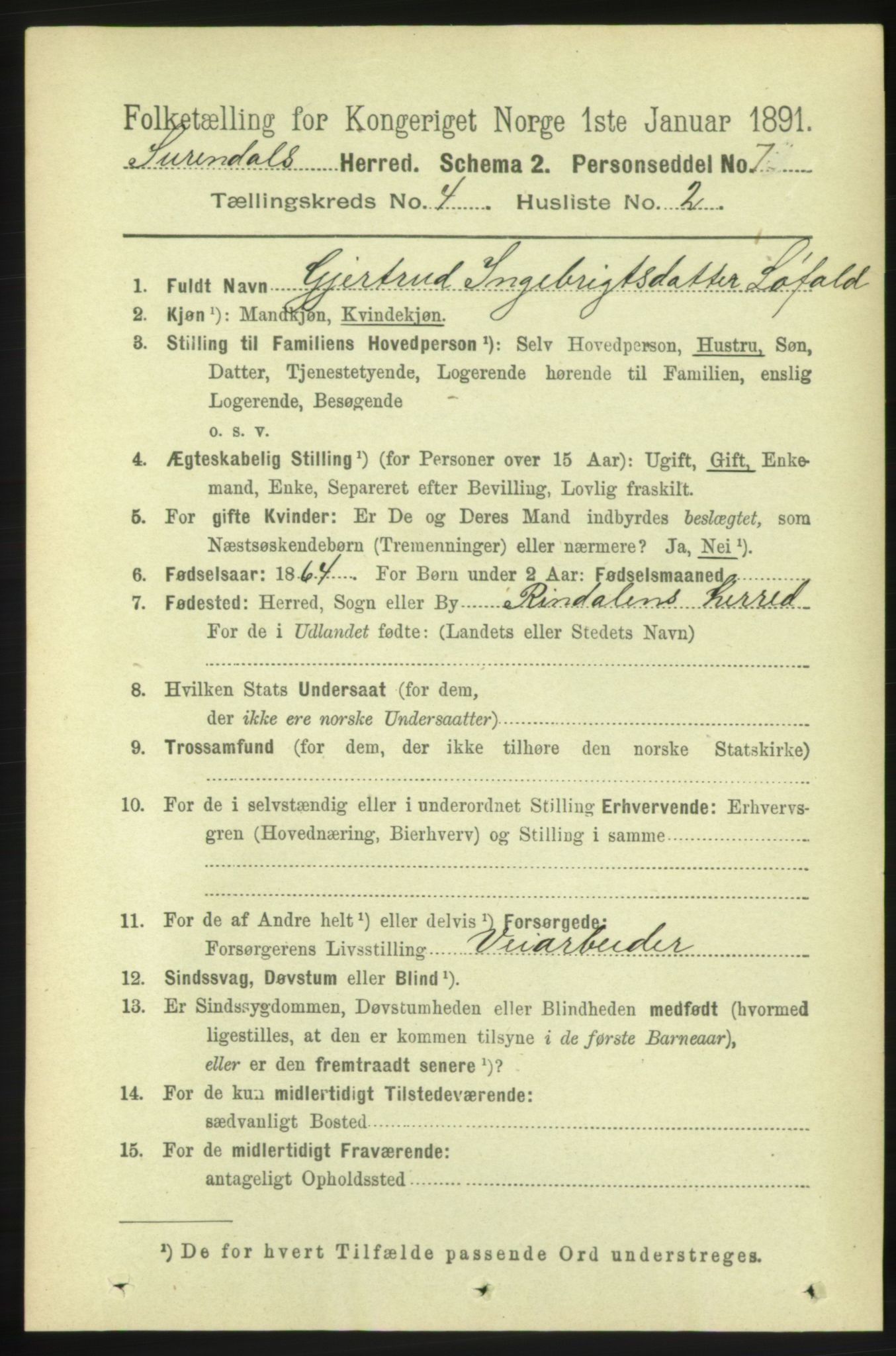 RA, 1891 census for 1566 Surnadal, 1891, p. 1071