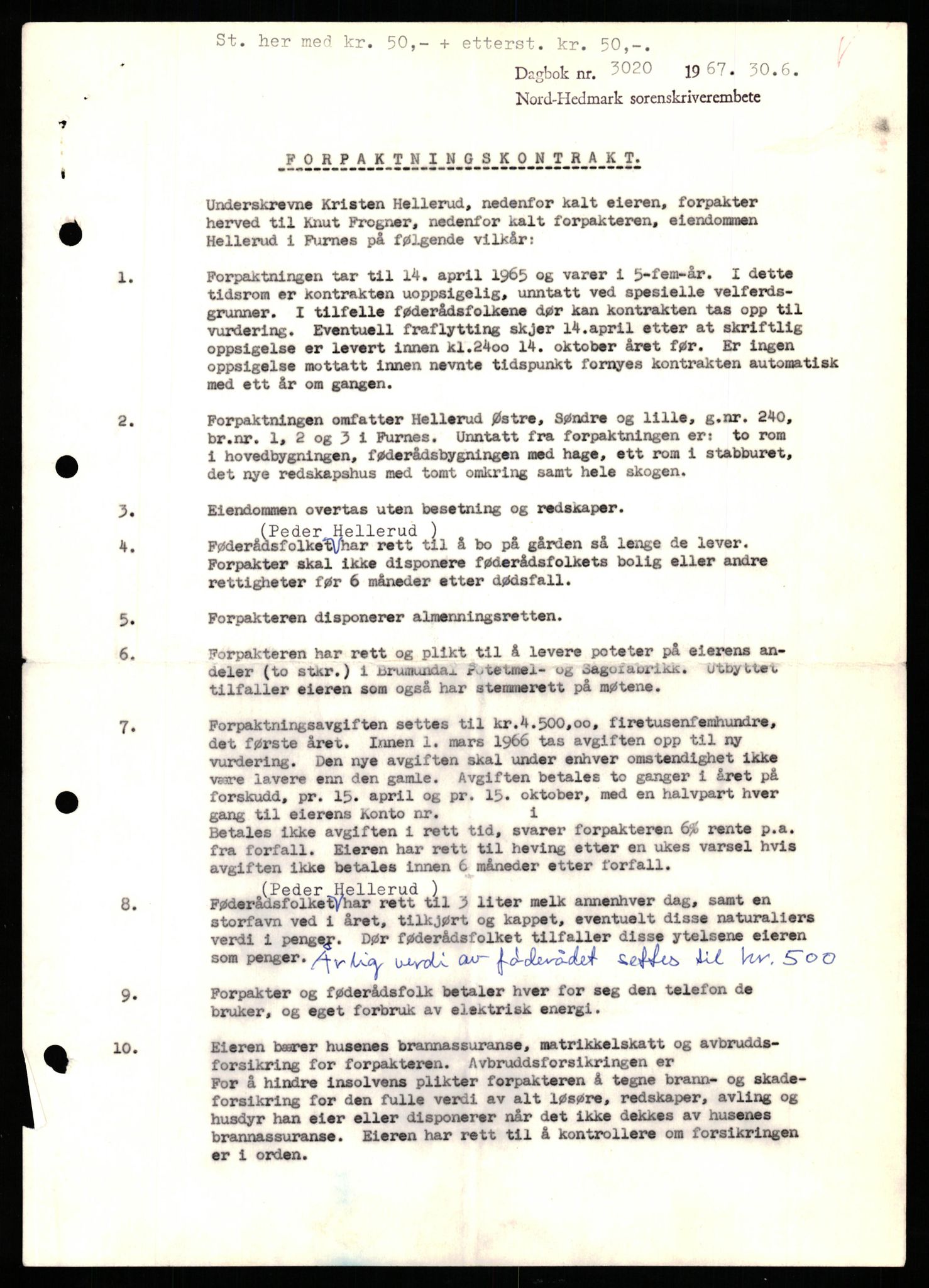 Nord-Hedmark sorenskriveri, SAH/TING-012/H/Hb/Hbf/L0071: Mortgage book no. B71, 1967-1967, Diary no: : 3020/1967