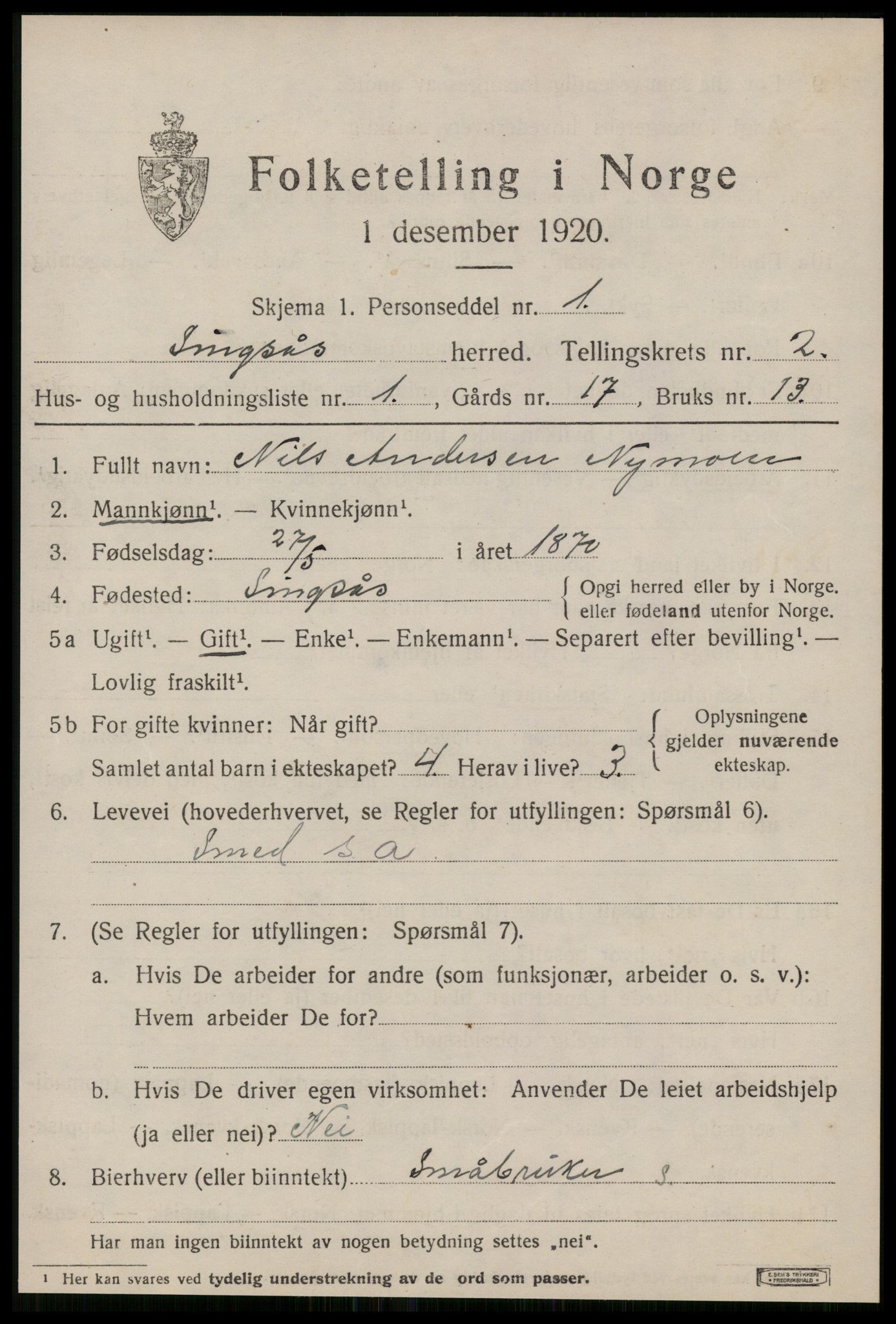 SAT, 1920 census for Singsås, 1920, p. 1123