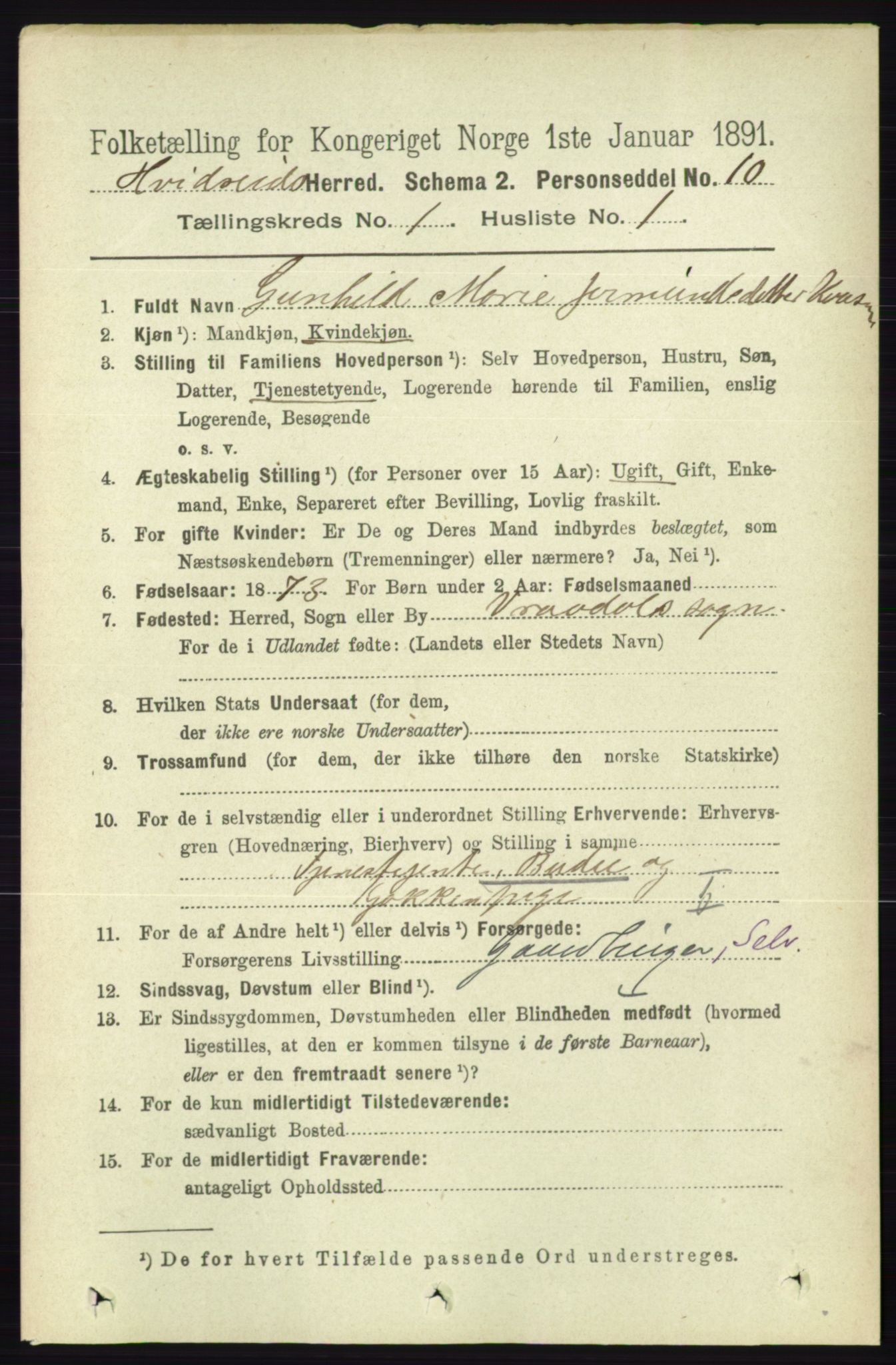 RA, 1891 census for 0829 Kviteseid, 1891, p. 86