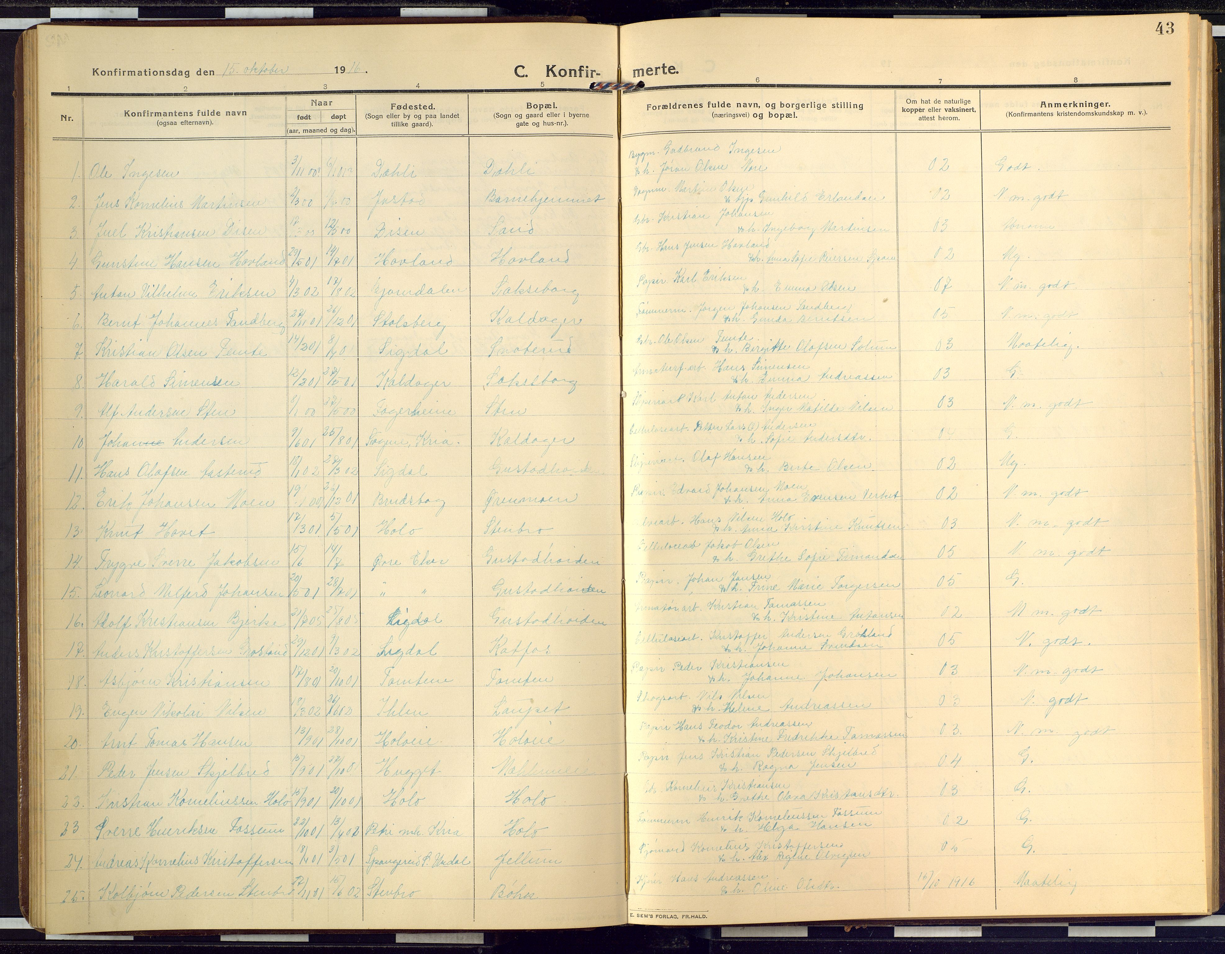 Modum kirkebøker, SAKO/A-234/G/Ga/L0010: Parish register (copy) no. I 10, 1909-1923, p. 43