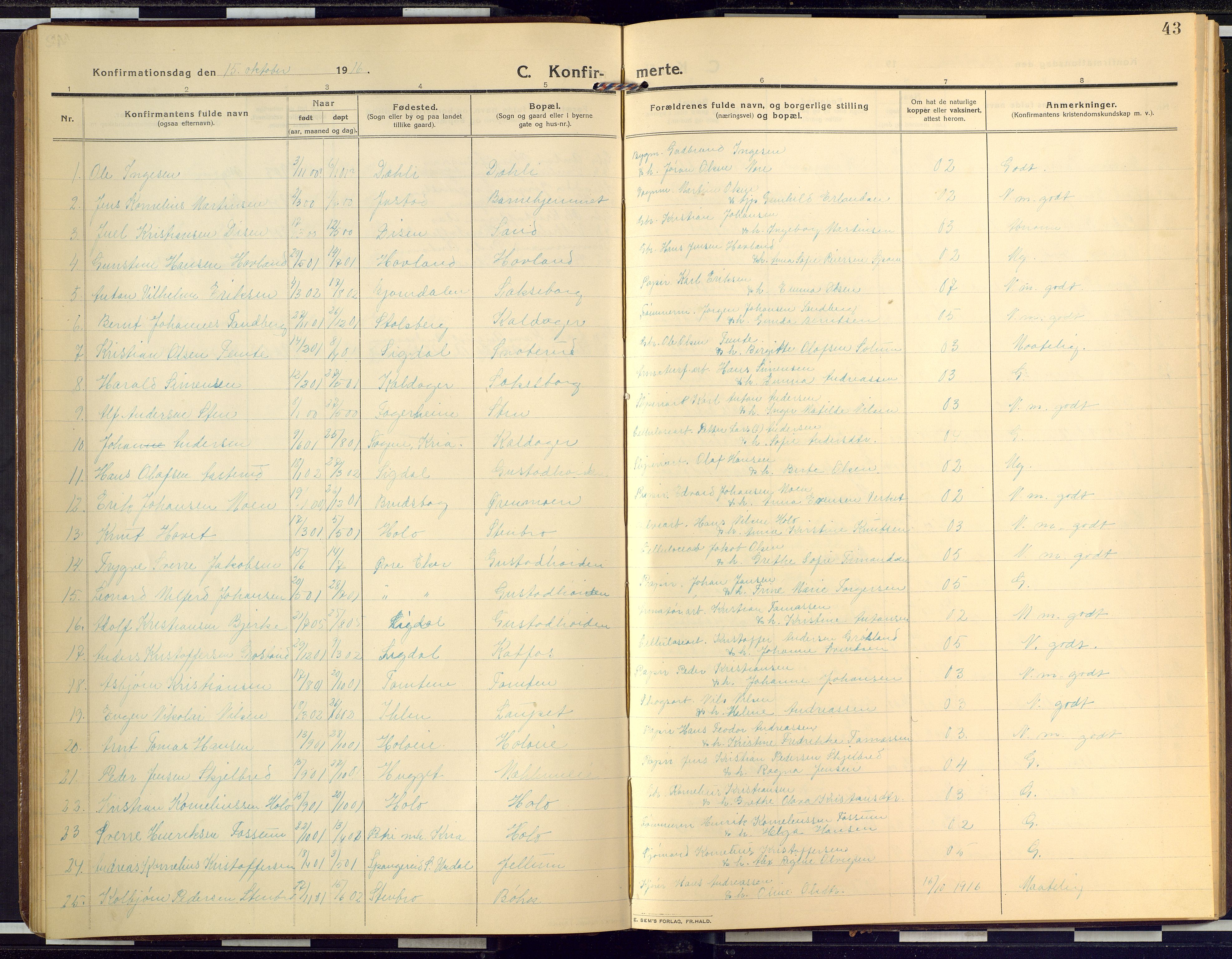 Modum kirkebøker, AV/SAKO-A-234/G/Ga/L0010: Parish register (copy) no. I 10, 1909-1923, p. 43