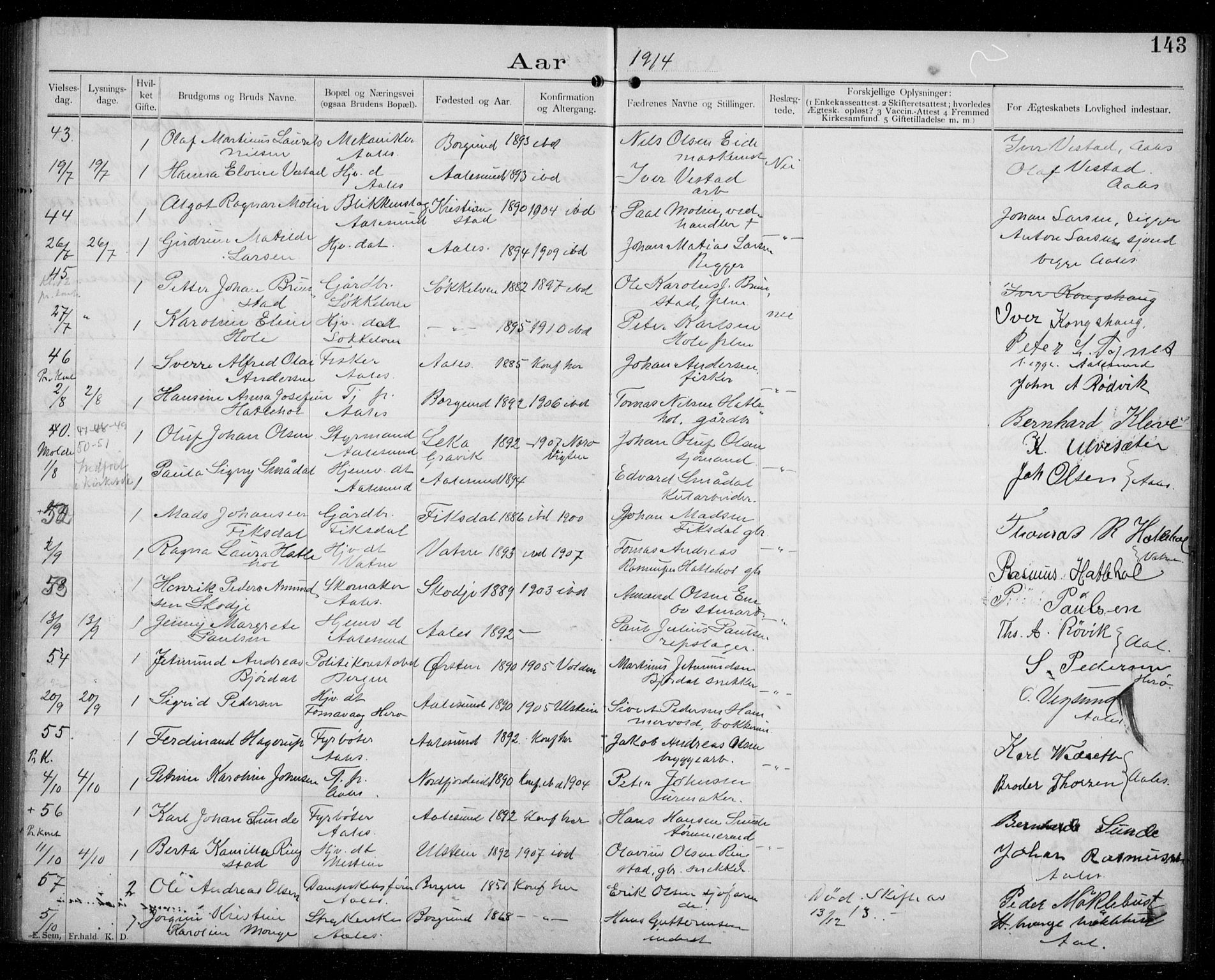 Ministerialprotokoller, klokkerbøker og fødselsregistre - Møre og Romsdal, AV/SAT-A-1454/529/L0458: Banns register no. 529A08, 1901-1918, p. 143