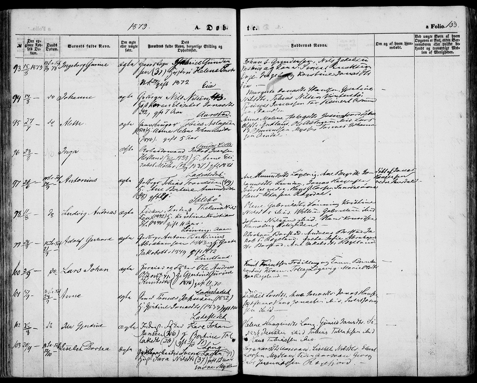 Sokndal sokneprestkontor, AV/SAST-A-101808: Parish register (official) no. A 9, 1857-1874, p. 153