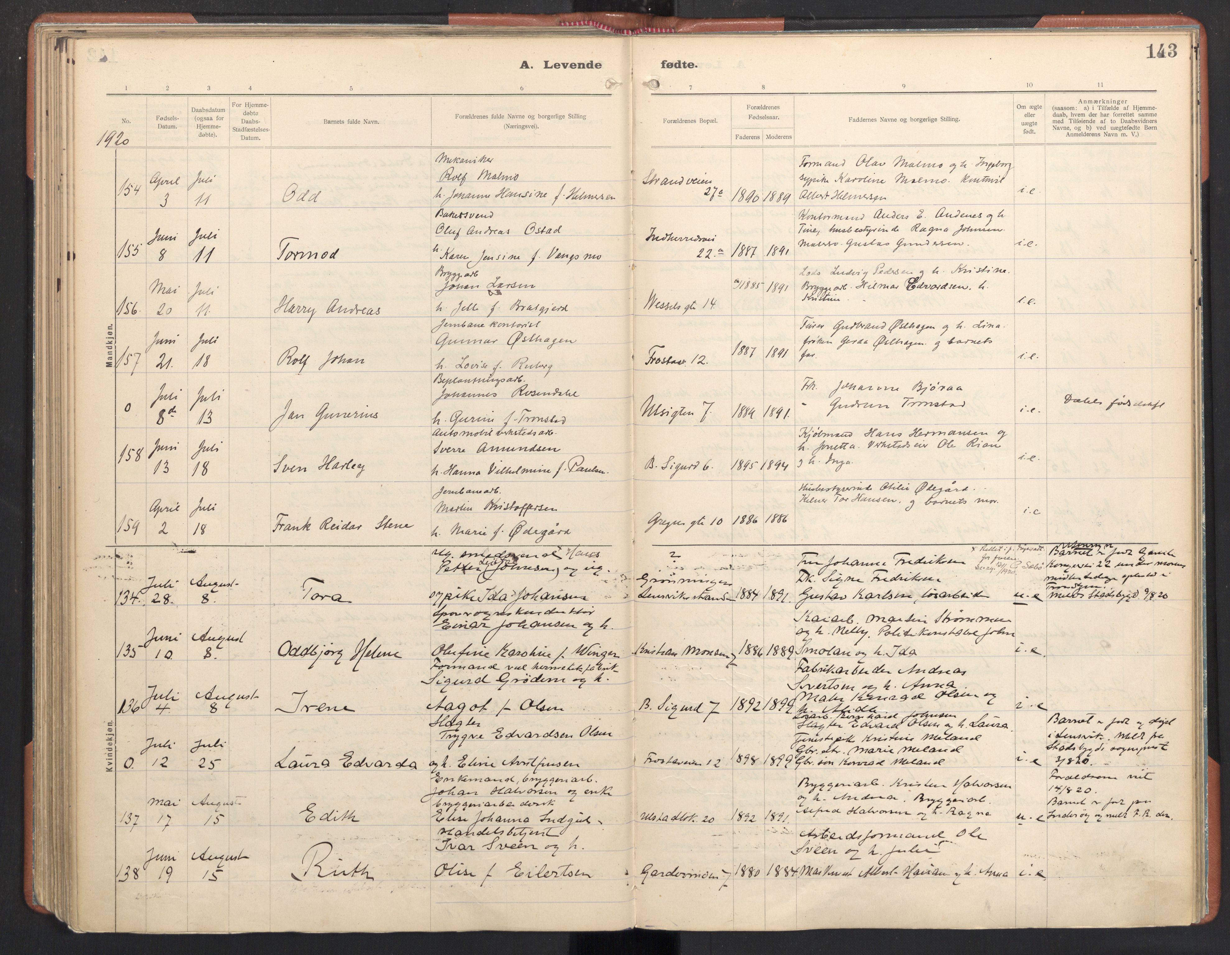 Ministerialprotokoller, klokkerbøker og fødselsregistre - Sør-Trøndelag, SAT/A-1456/605/L0246: Parish register (official) no. 605A08, 1916-1920, p. 143