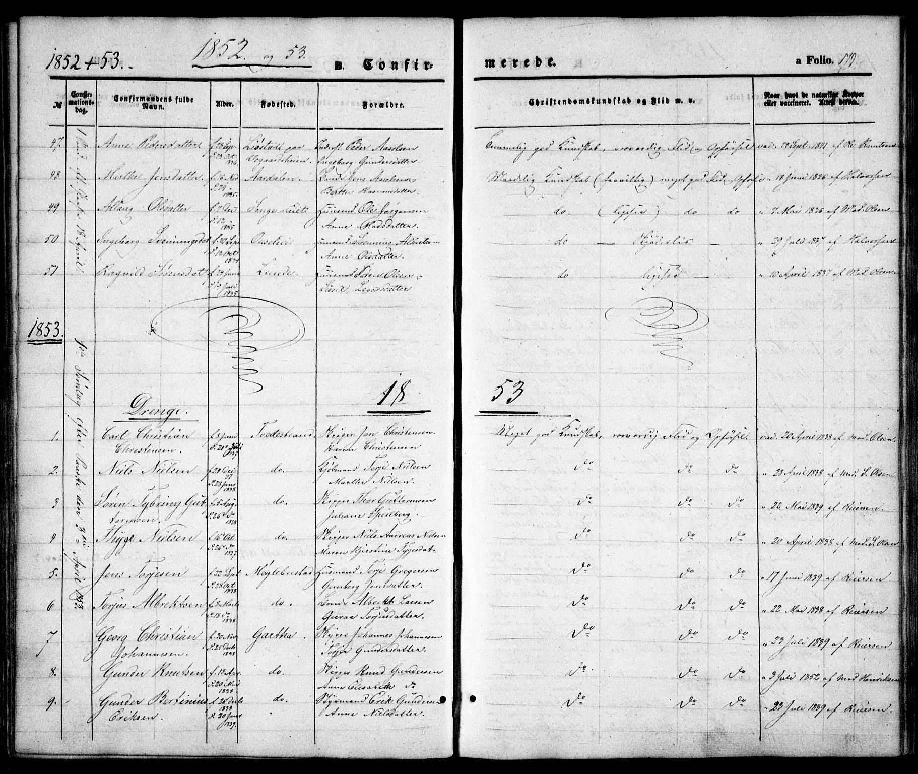 Holt sokneprestkontor, SAK/1111-0021/F/Fa/L0008: Parish register (official) no. A 8, 1849-1860, p. 179