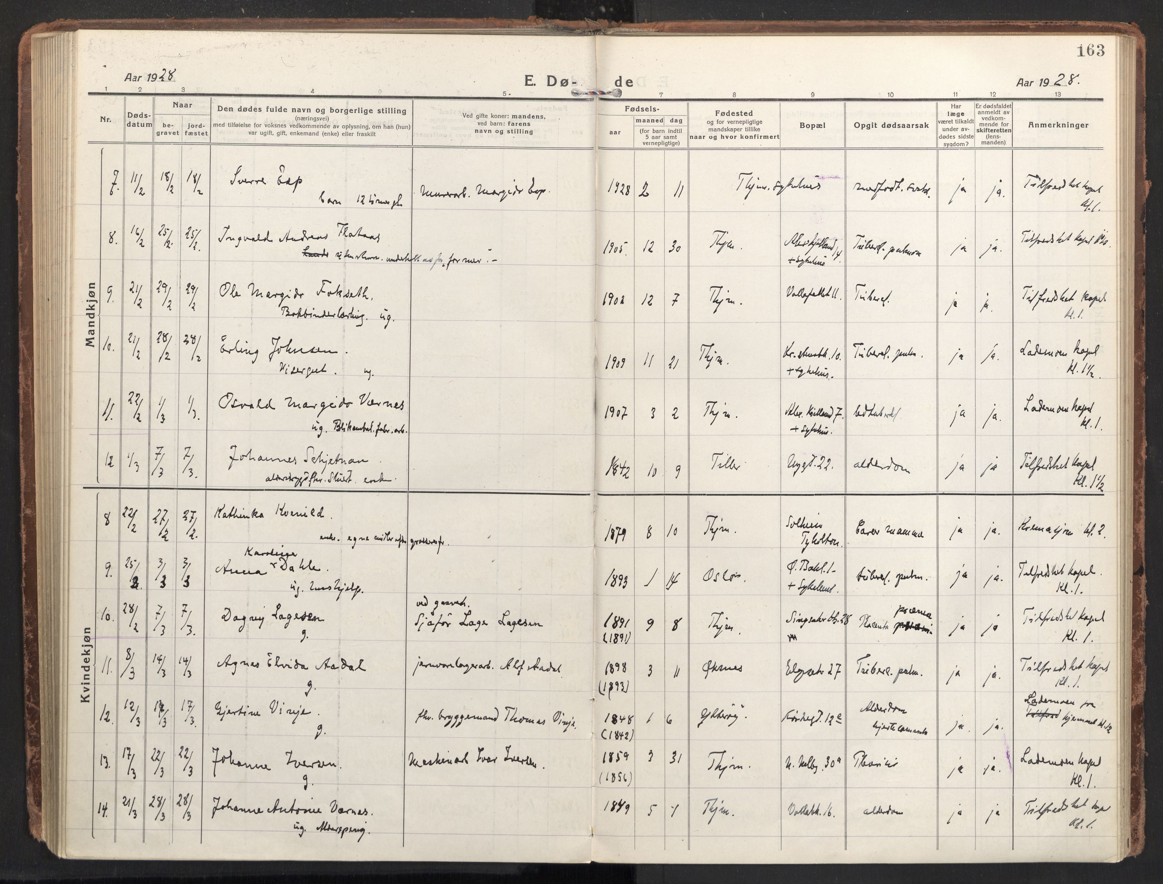 Ministerialprotokoller, klokkerbøker og fødselsregistre - Sør-Trøndelag, AV/SAT-A-1456/604/L0207: Parish register (official) no. 604A27, 1917-1933, p. 163