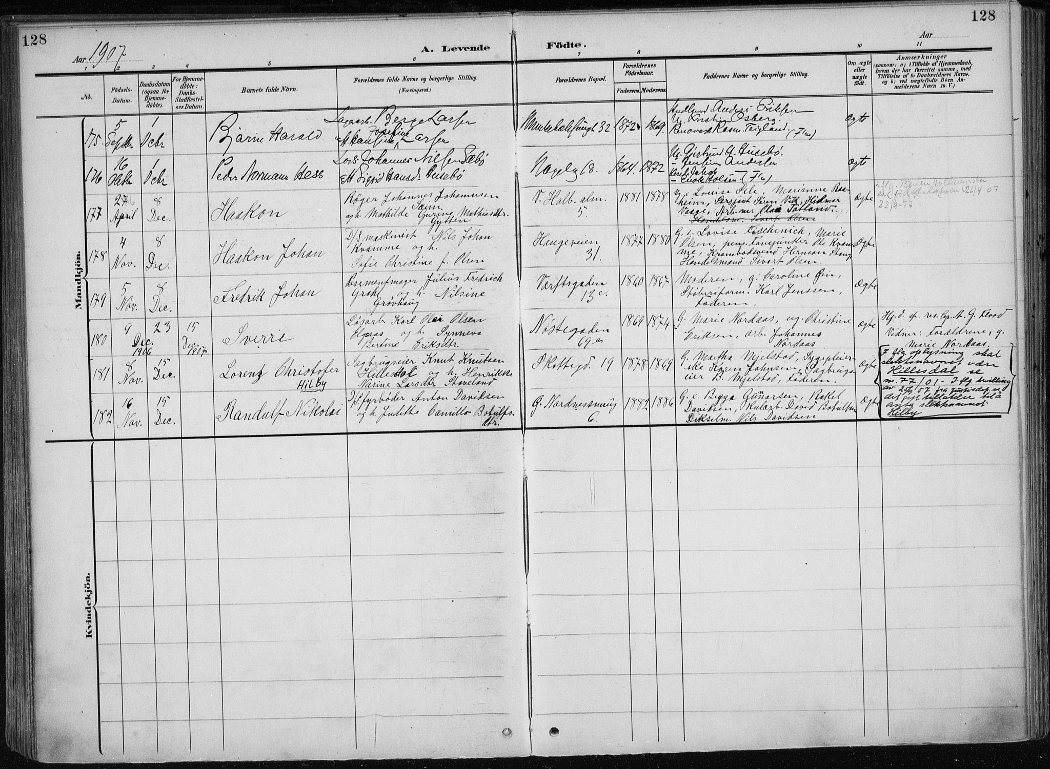 Nykirken Sokneprestembete, AV/SAB-A-77101/H/Haa/L0019: Parish register (official) no. B 7, 1904-1916, p. 128